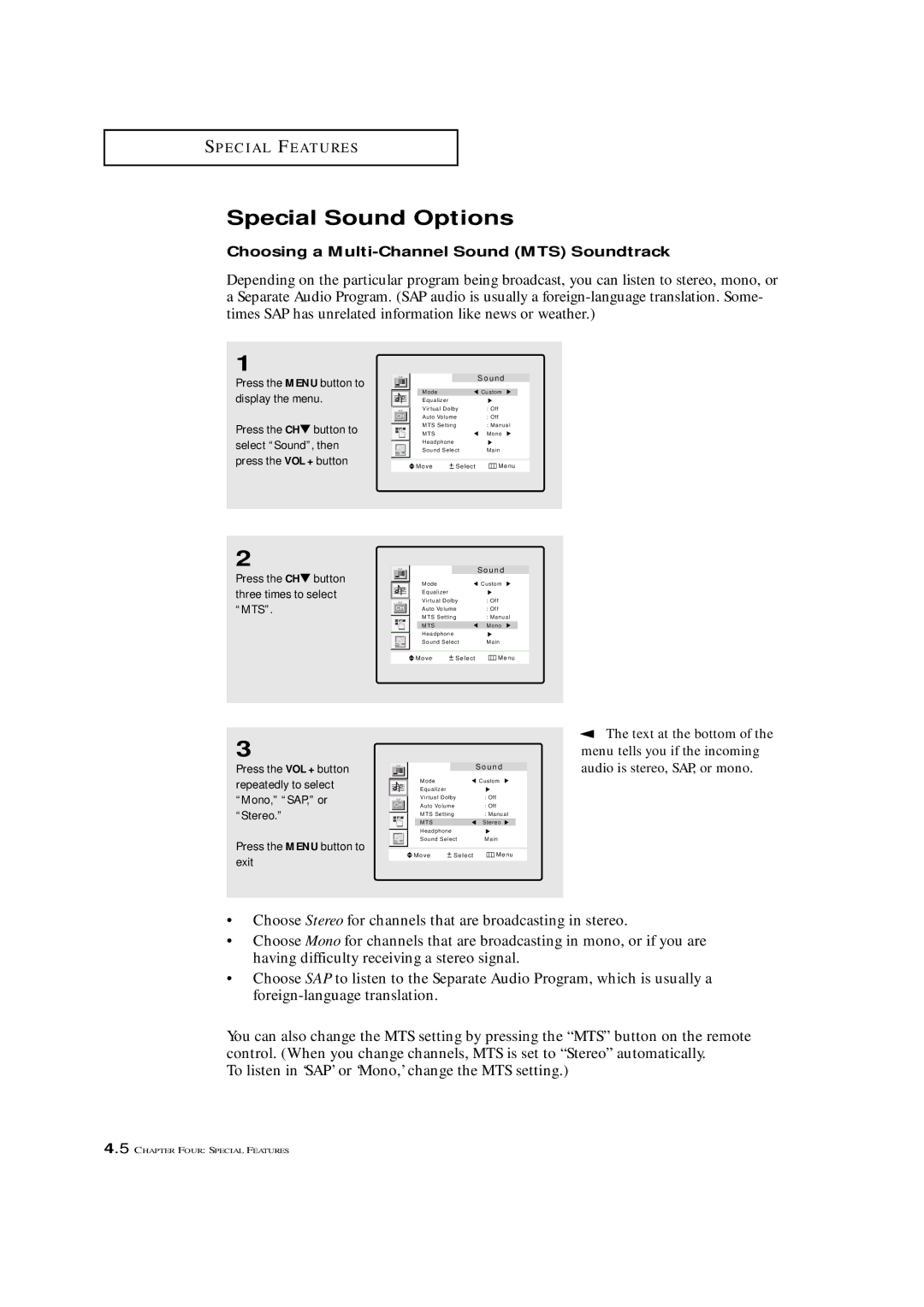 Samsung LTM 1775W manual Special Sound Options, Choosing a Multi-Channel Sound MTS Soundtrack, Text at the bottom 