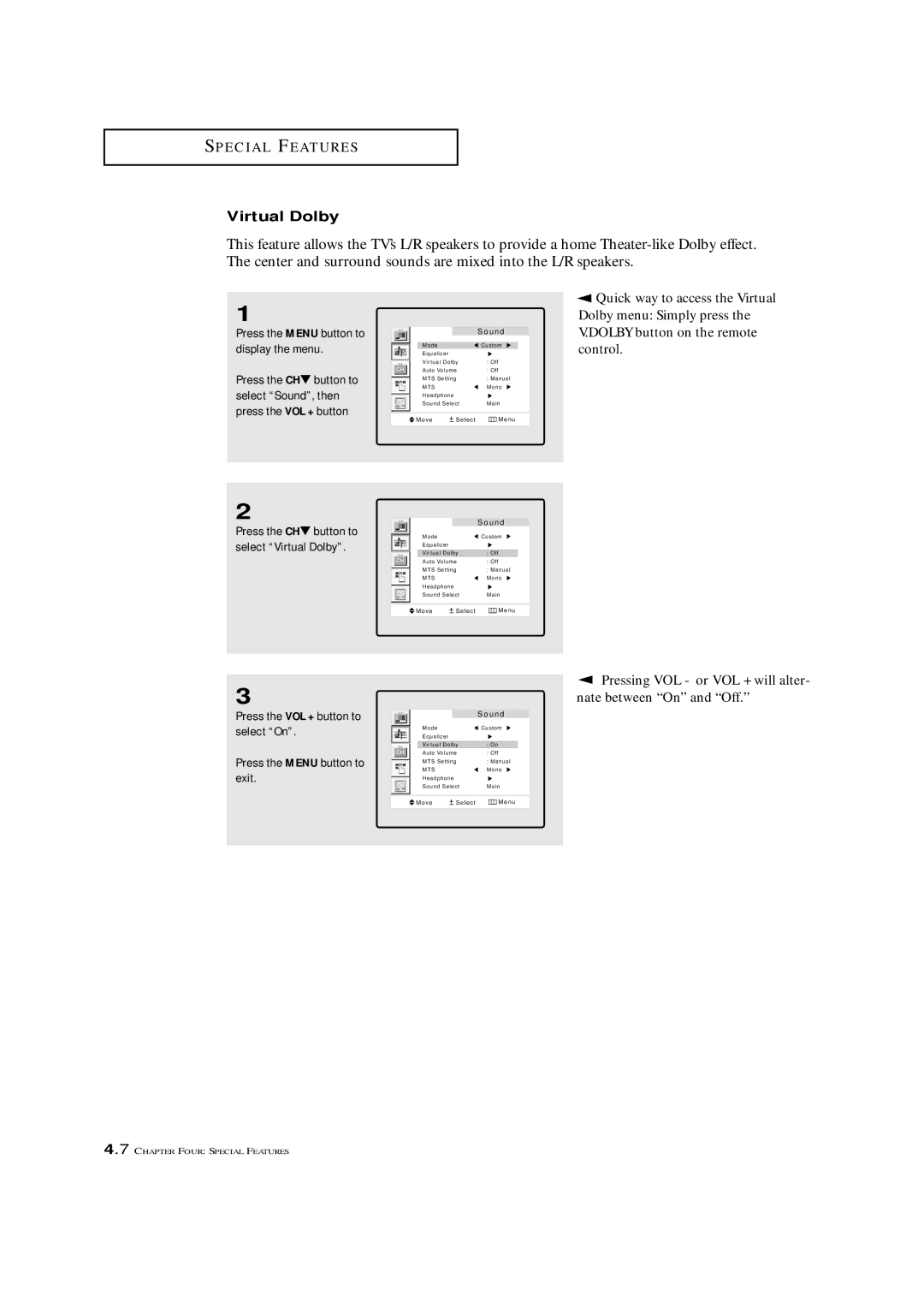 Samsung LTM 1775W manual Virtual Dolby, Quick way to access the Virtual 