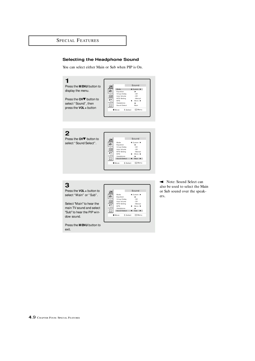 Samsung LTM 1775W manual Selecting the Headphone Sound, You can select either Main or Sub when PIP is On 