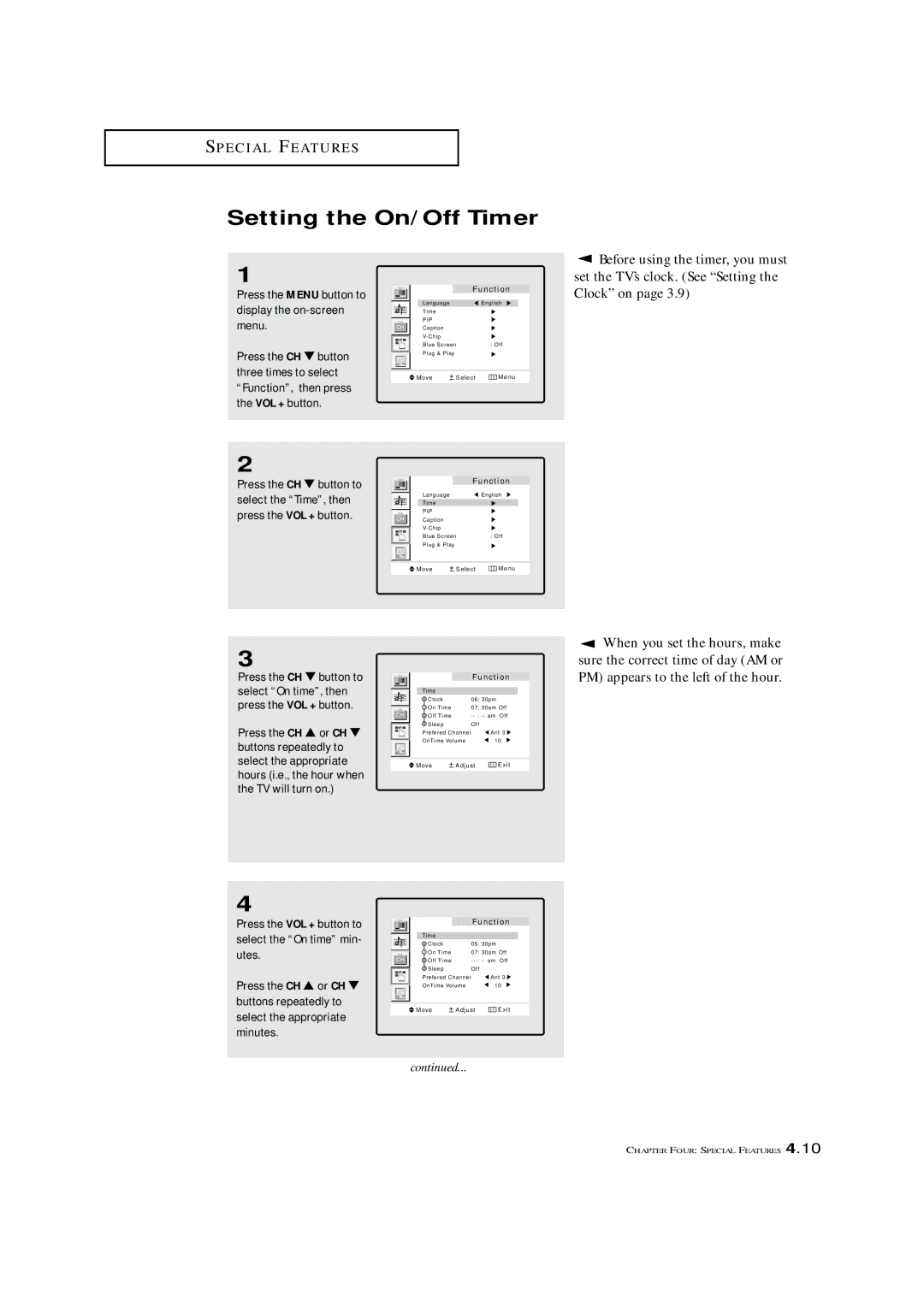 Samsung LTM 1775W Setting the On/Off Timer, Before using the timer, you must, Set the TV’s clock. See Setting the Clock on 