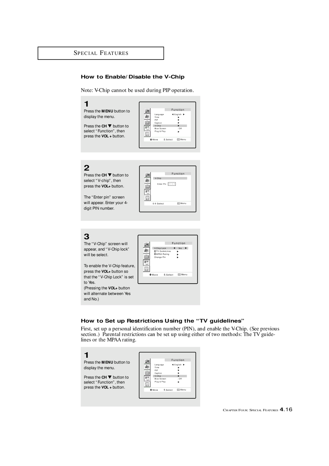 Samsung LTM 1775W manual How to Enable/Disable the V-Chip, How to Set up Restrictions Using the TV guidelines 