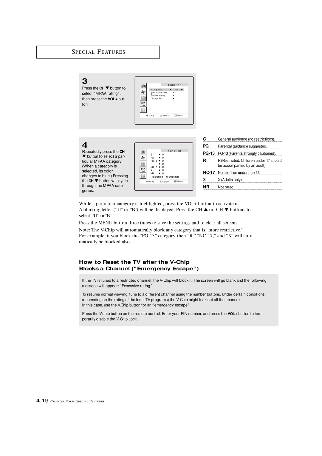 Samsung LTM 1775W manual Repeatedly press the CH, NC-17No children under age Adults only NR Not rated 