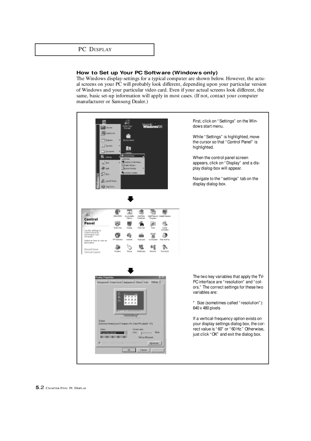 Samsung LTM 1775W How to Set up Your PC Software Windows only, Navigate to the settings tab on the display dialog-box 