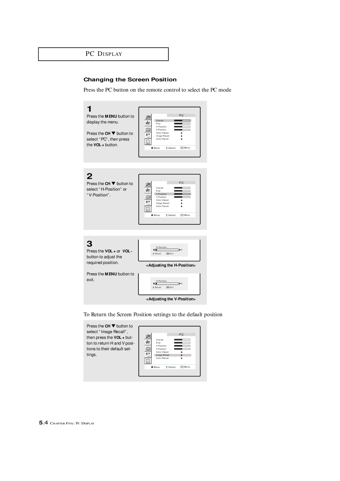 Samsung LTM 1775W manual Changing the Screen Position 