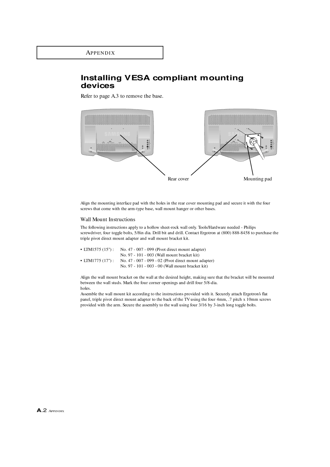 Samsung LTM 1775W manual Installing Vesa compliant mounting devices, Refer to page A.3 to remove the base, Rear cover 