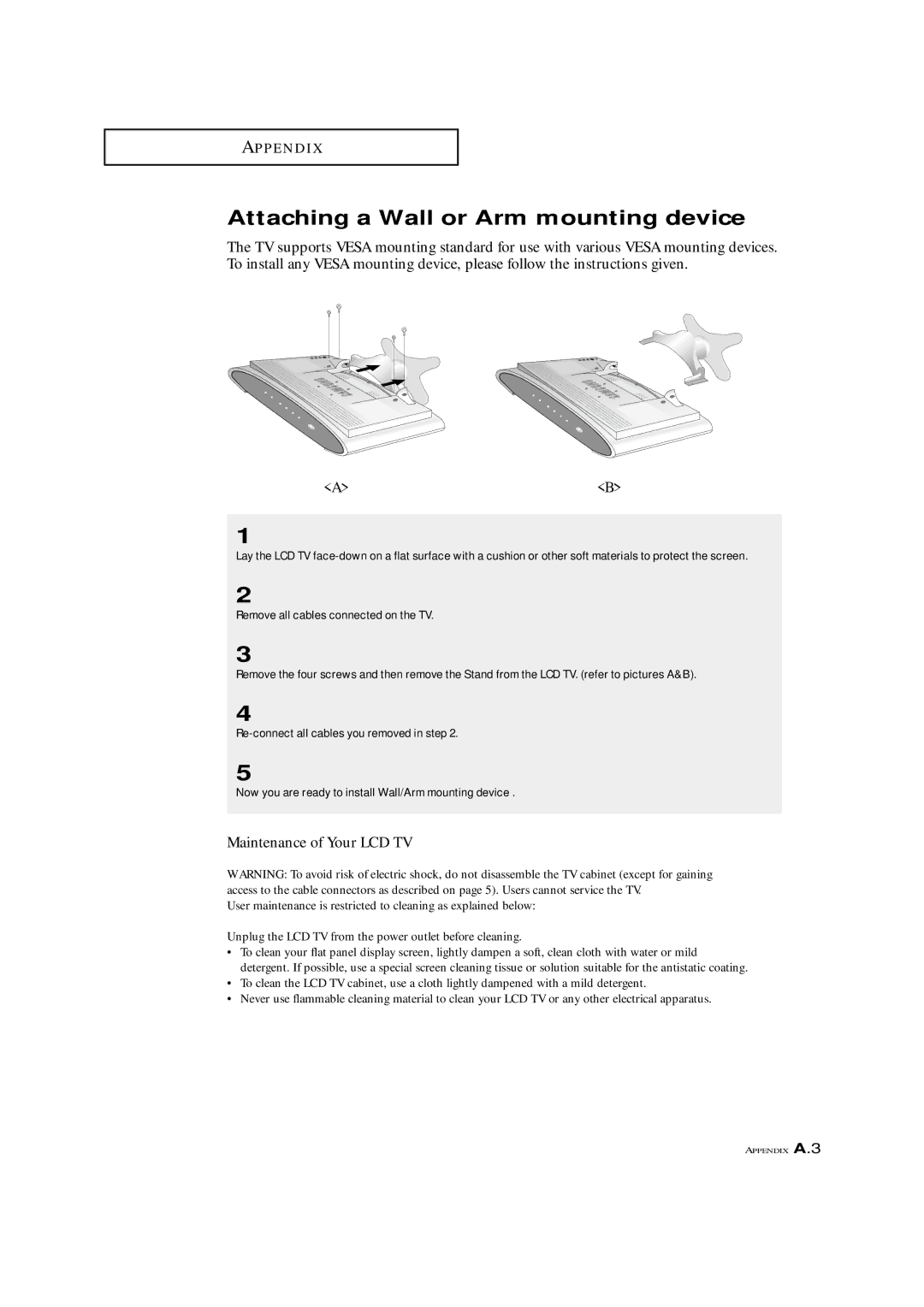 Samsung LTM 1775W manual Attaching a Wall or Arm mounting device, Maintenance of Your LCD TV 