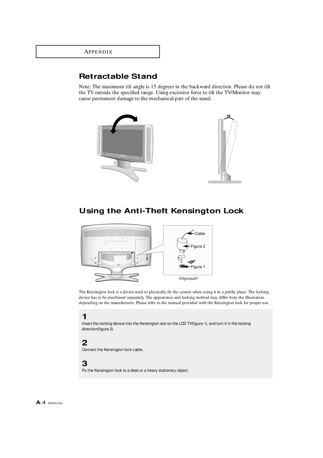 Samsung LTM 1775W manual Retractable Stand Using the Anti-Theft Kensington Lock, Optional 