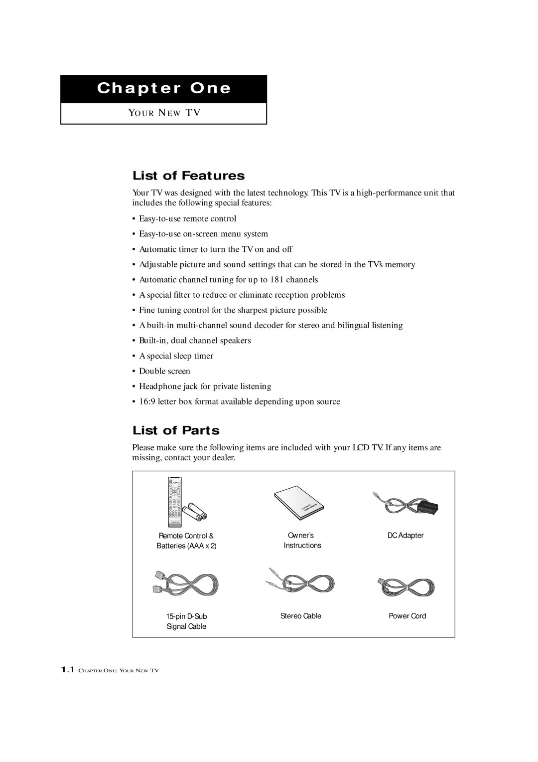 Samsung LTM 1775W manual List of Features, List of Parts 