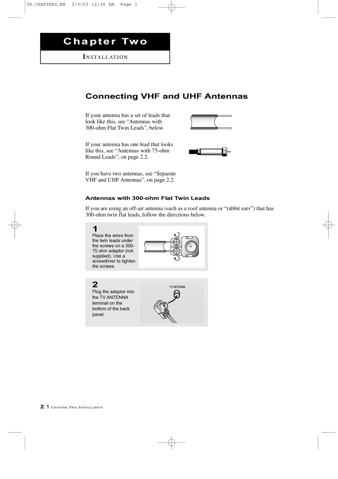 Samsung LTM 225W manual Connecting VHF and UHF Antennas, Antennas with 300-ohm Flat Twin Leads 