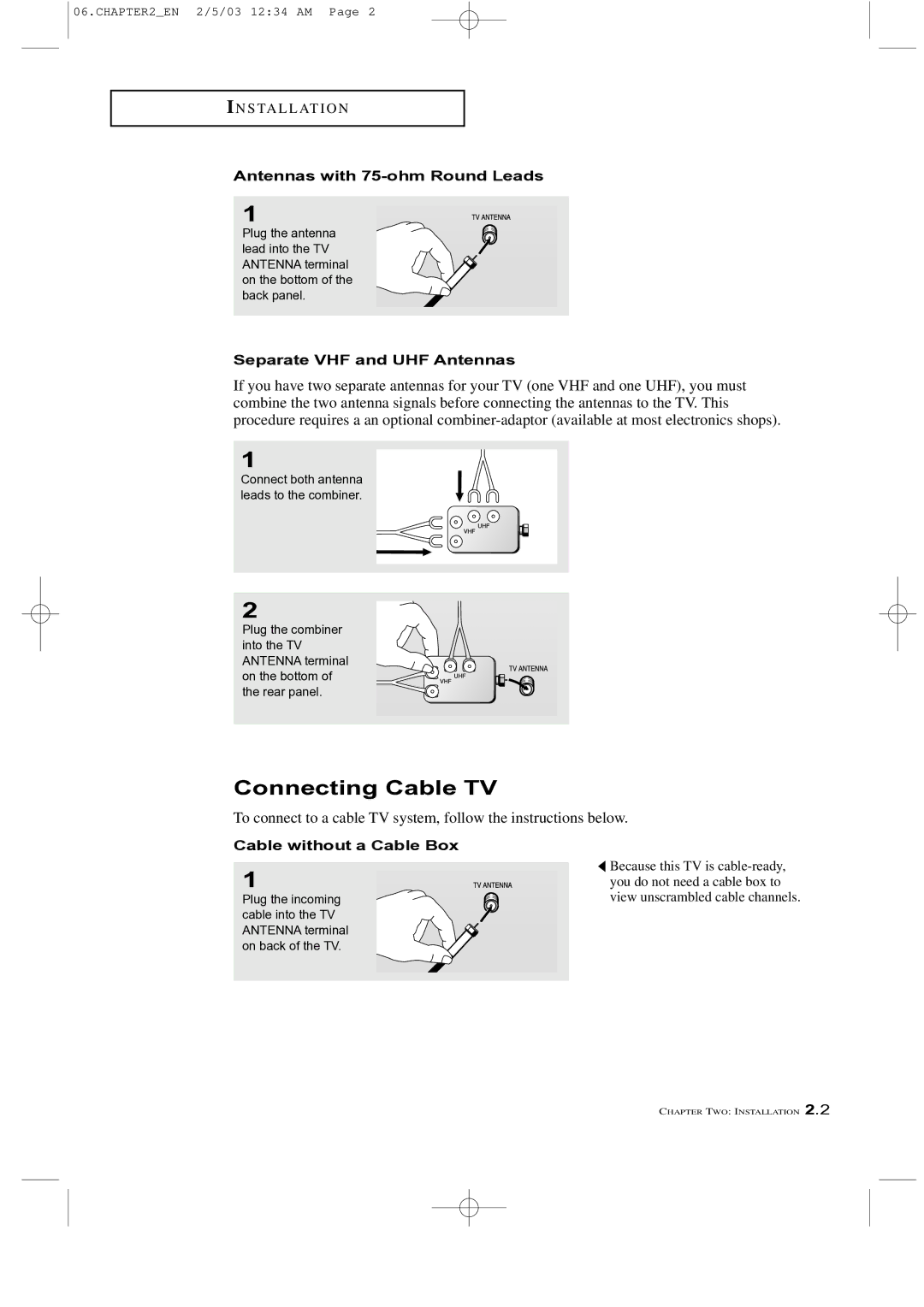 Samsung LTM 225W manual Connecting Cable TV, Antennas with 75-ohm Round Leads, Separate VHF and UHF Antennas 