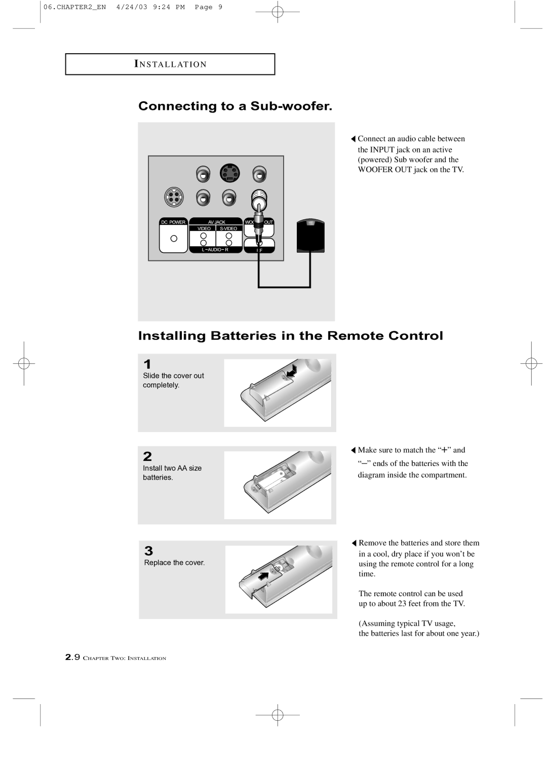 Samsung LTM 225W manual Connecting to a Sub-woofer, Installing Batteries in the Remote Control 