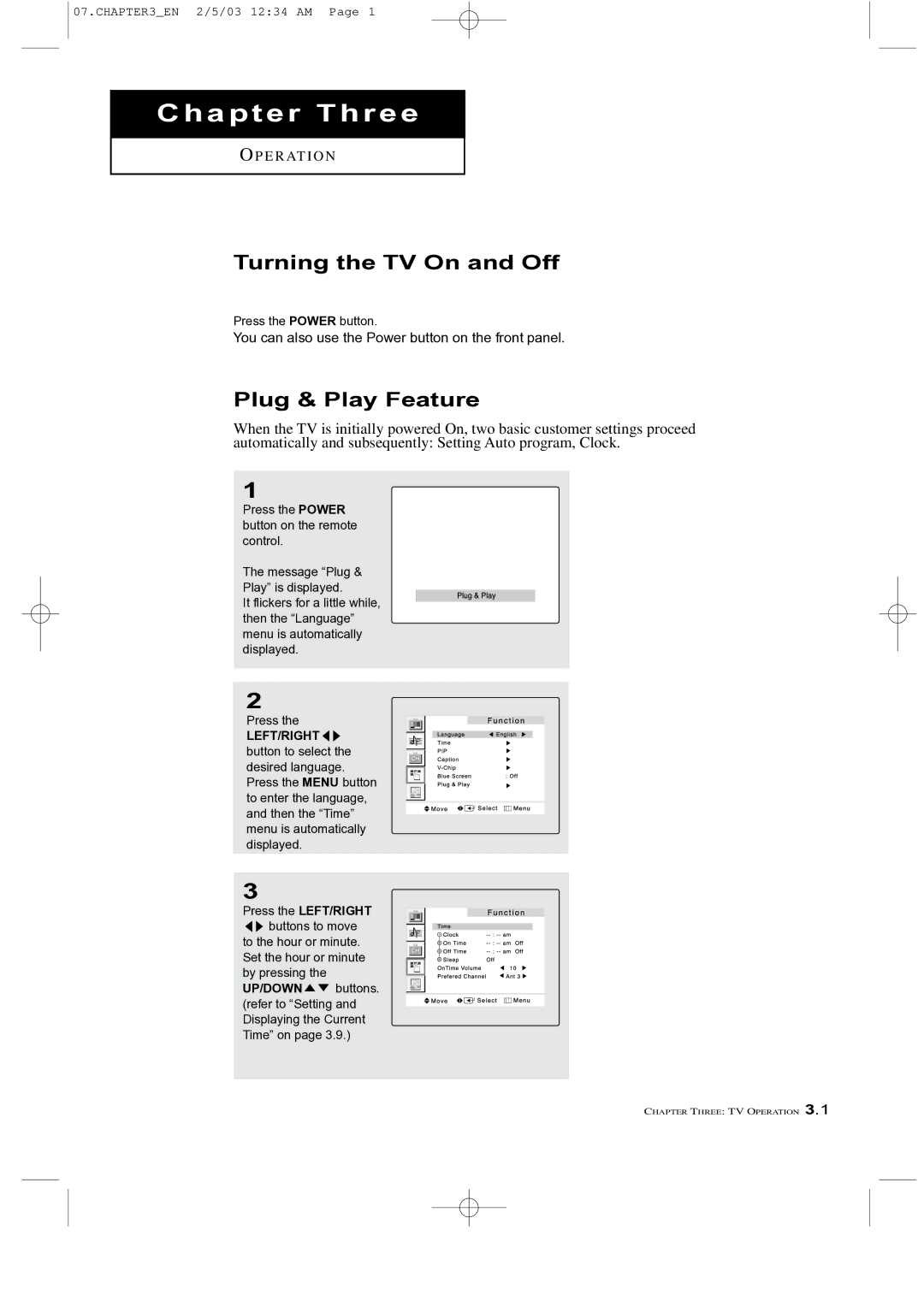 Samsung LTM 225W manual Turning the TV On and Off, Plug & Play Feature 