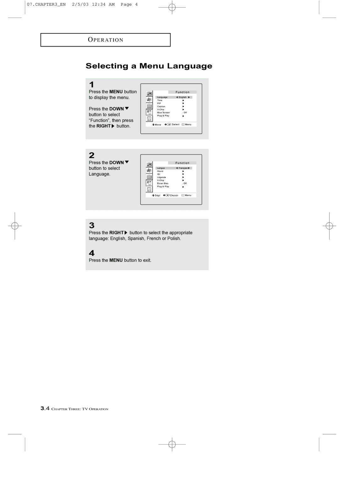 Samsung LTM 225W manual Selecting a Menu Language 