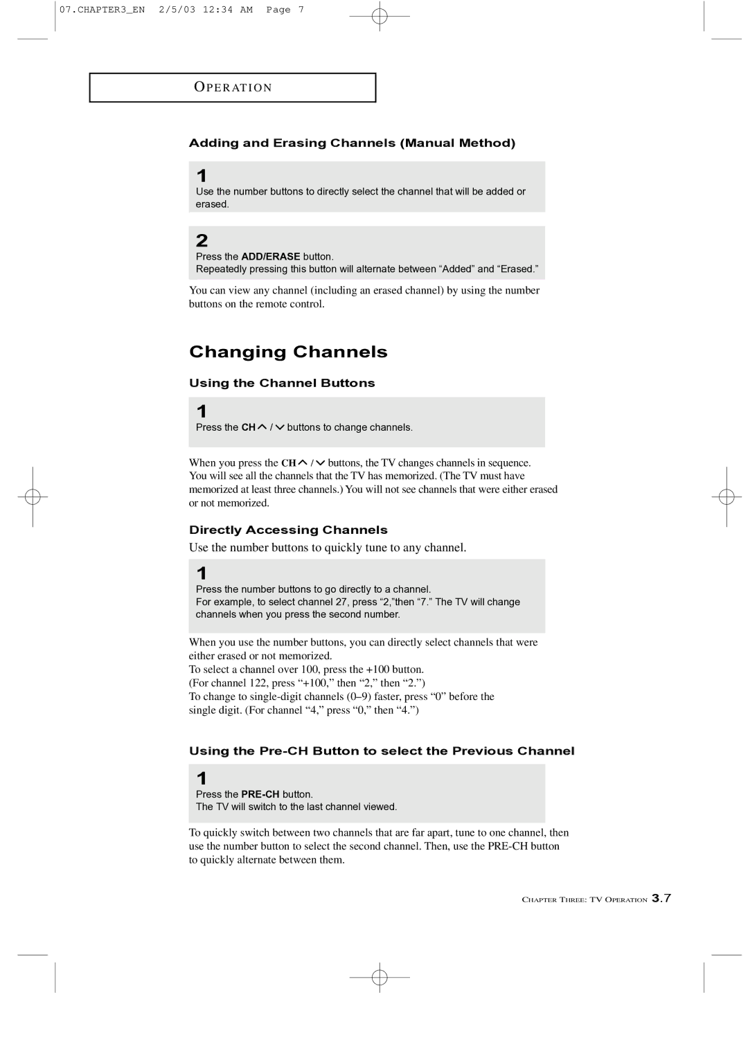 Samsung LTM 225W manual Changing Channels, Adding and Erasing Channels Manual Method, Using the Channel Buttons 