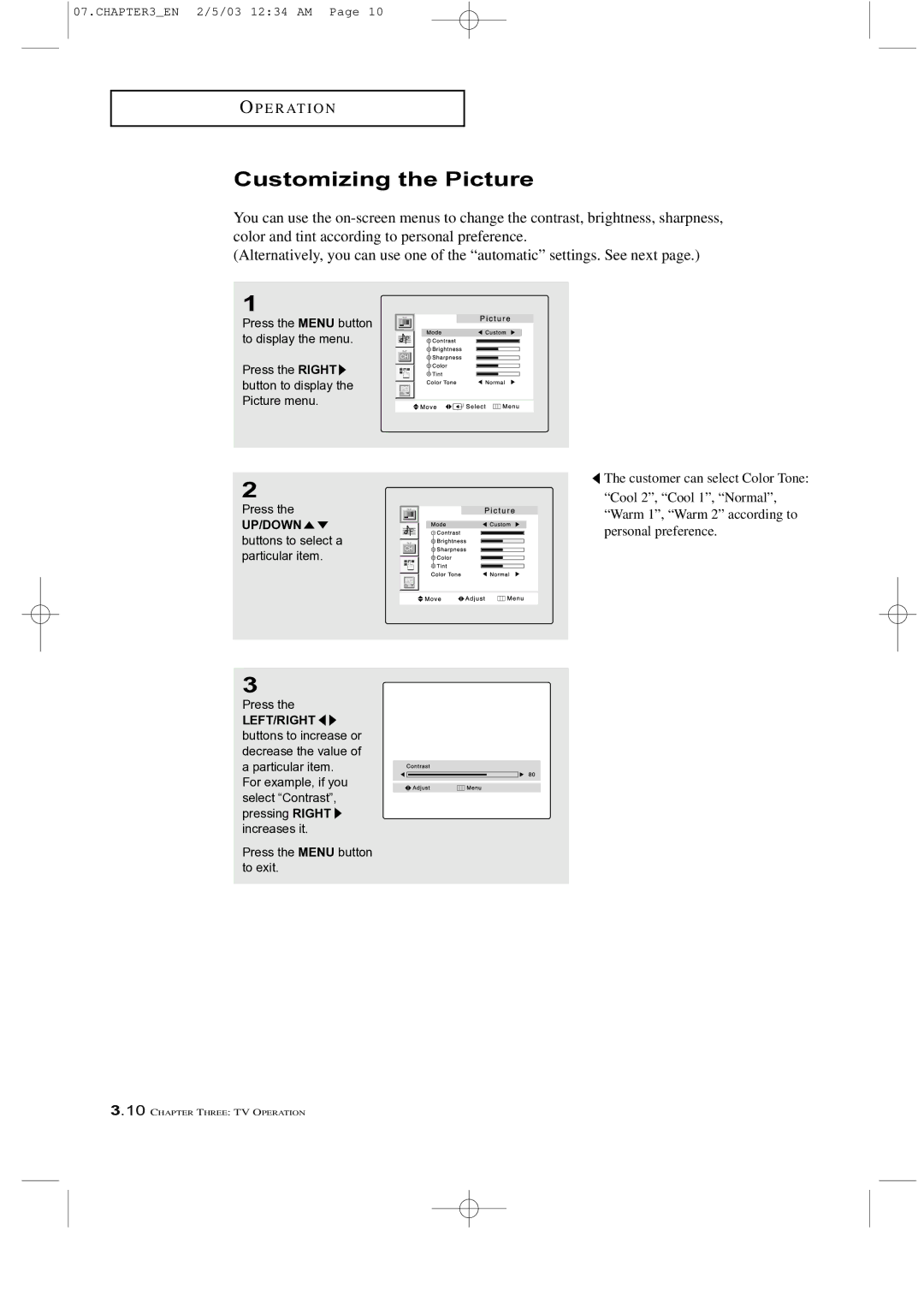 Samsung LTM 225W manual Customizing the Picture 