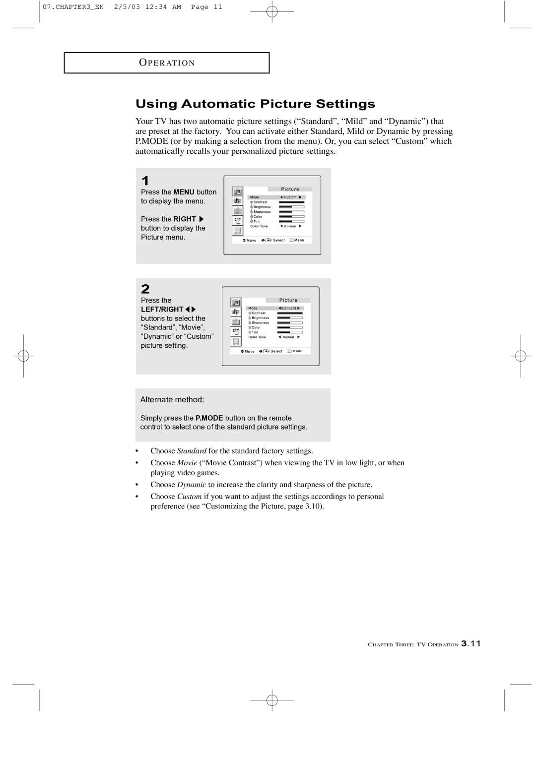 Samsung LTM 225W manual Using Automatic Picture Settings, Alternate method 