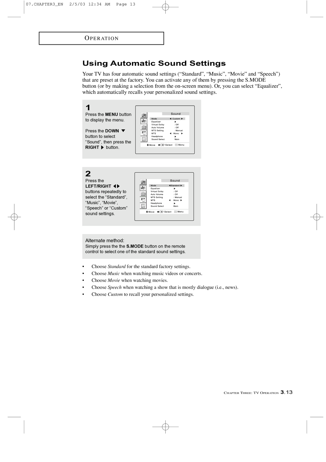 Samsung LTM 225W manual Using Automatic Sound Settings 