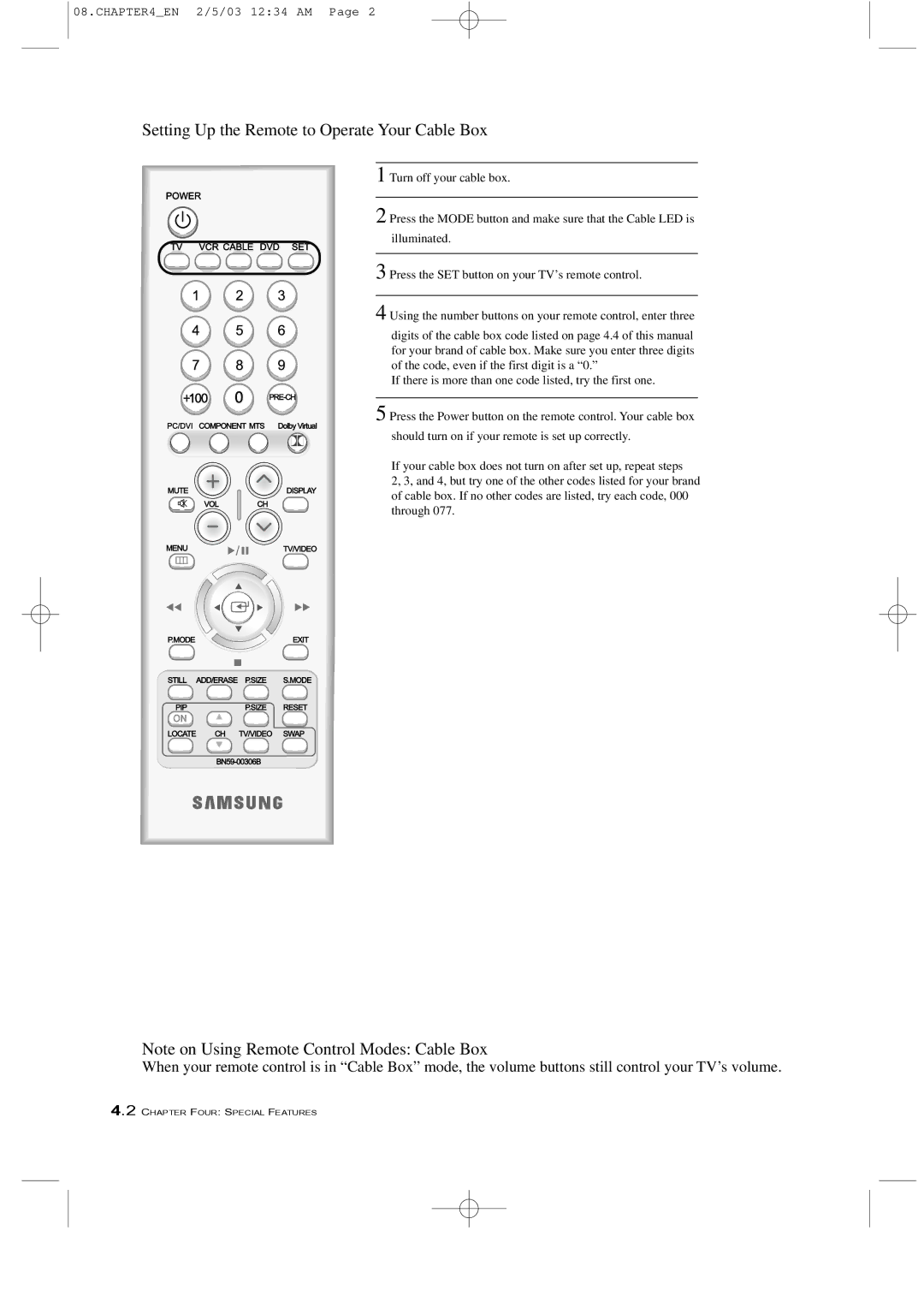 Samsung LTM 225W manual Setting Up the Remote to Operate Your Cable Box 