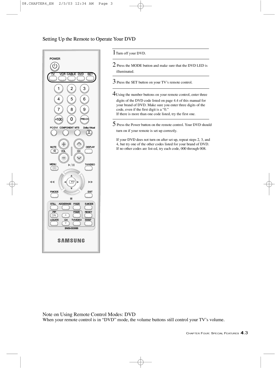 Samsung LTM 225W manual Setting Up the Remote to Operate Your DVD 