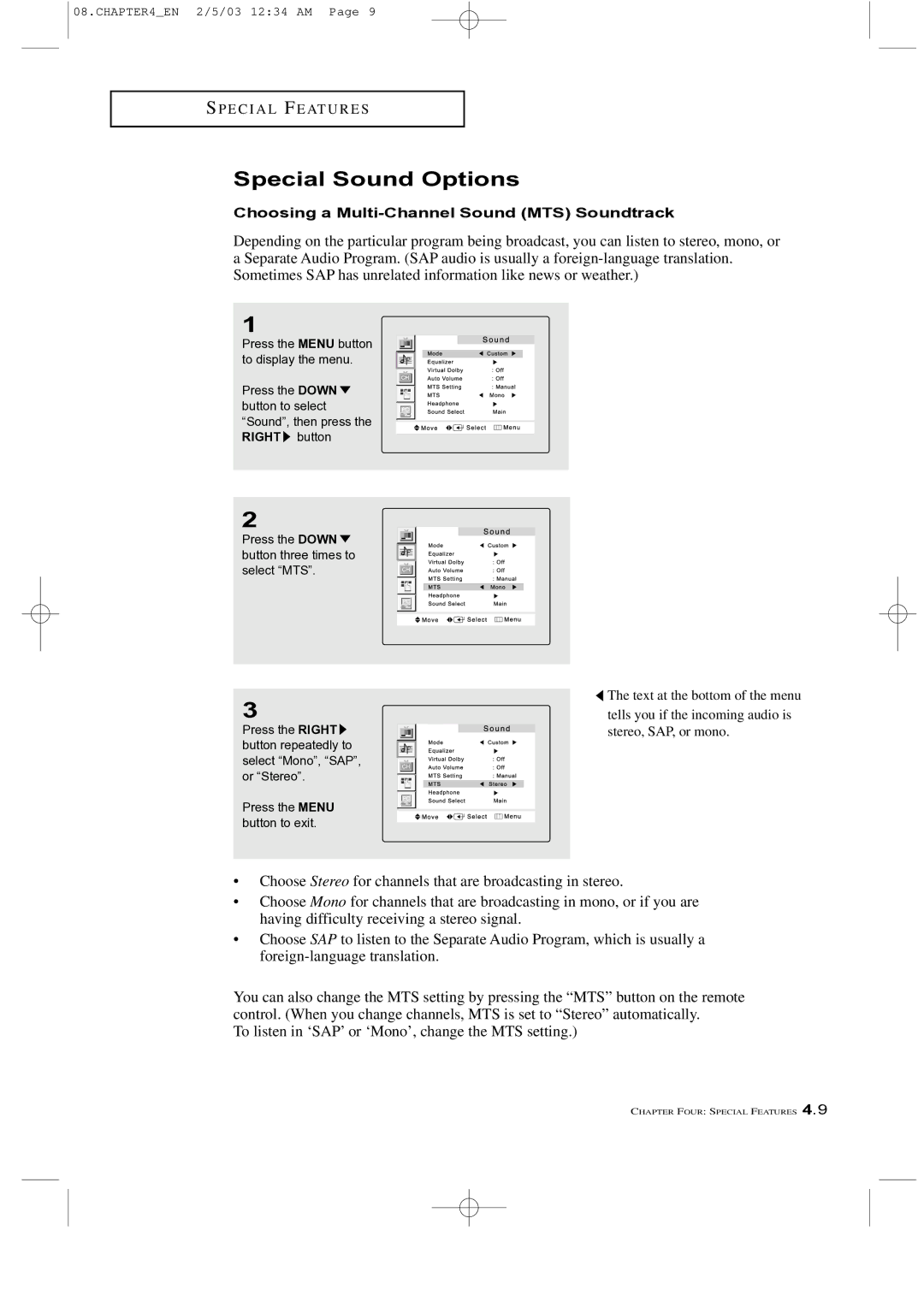 Samsung LTM 225W manual Special Sound Options, Choosing a Multi-Channel Sound MTS Soundtrack 