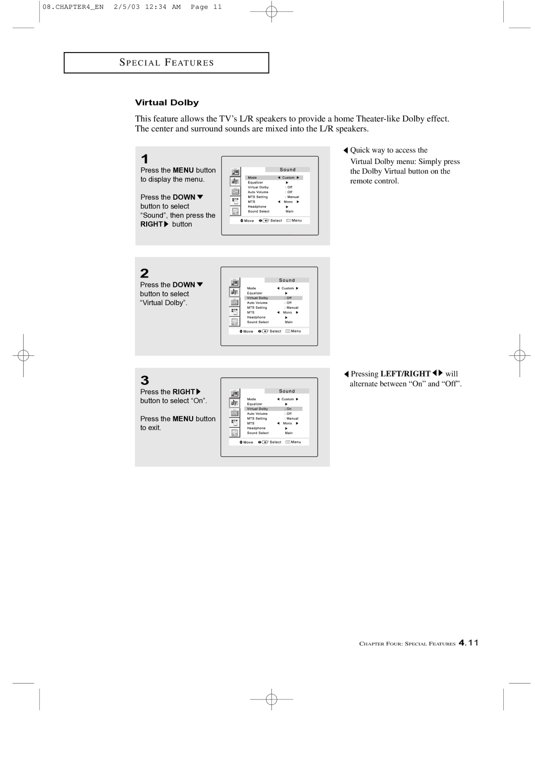 Samsung LTM 225W manual Virtual Dolby 