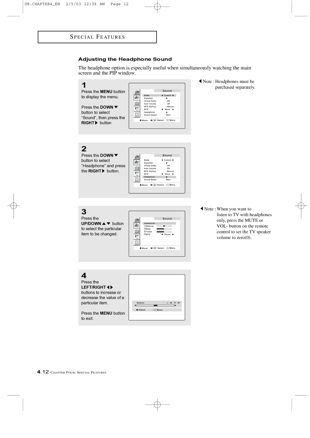 Samsung LTM 225W manual Adjusting the Headphone Sound 