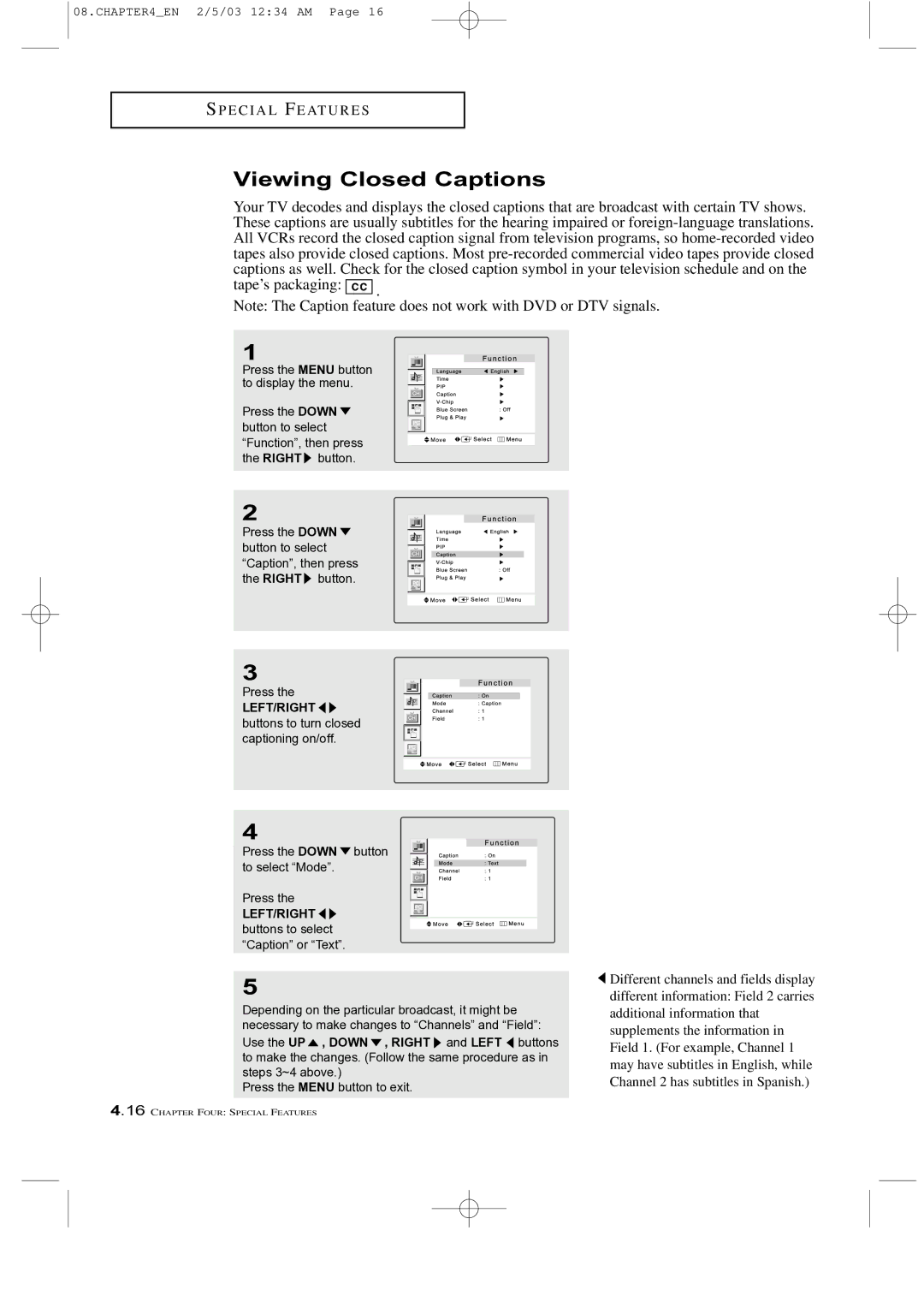 Samsung LTM 225W manual Viewing Closed Captions, LEFT/RIGHT buttons to select Caption or Text 