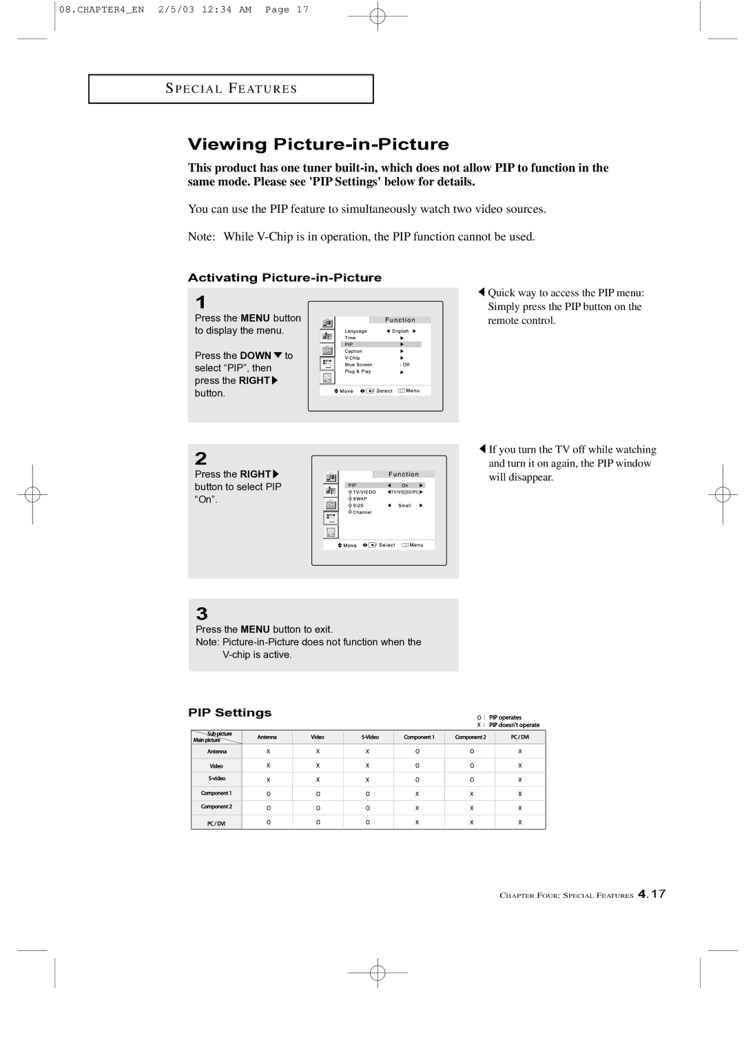 Samsung LTM 225W manual Viewing Picture-in-Picture, Activating Picture-in-Picture, PIP Settings 