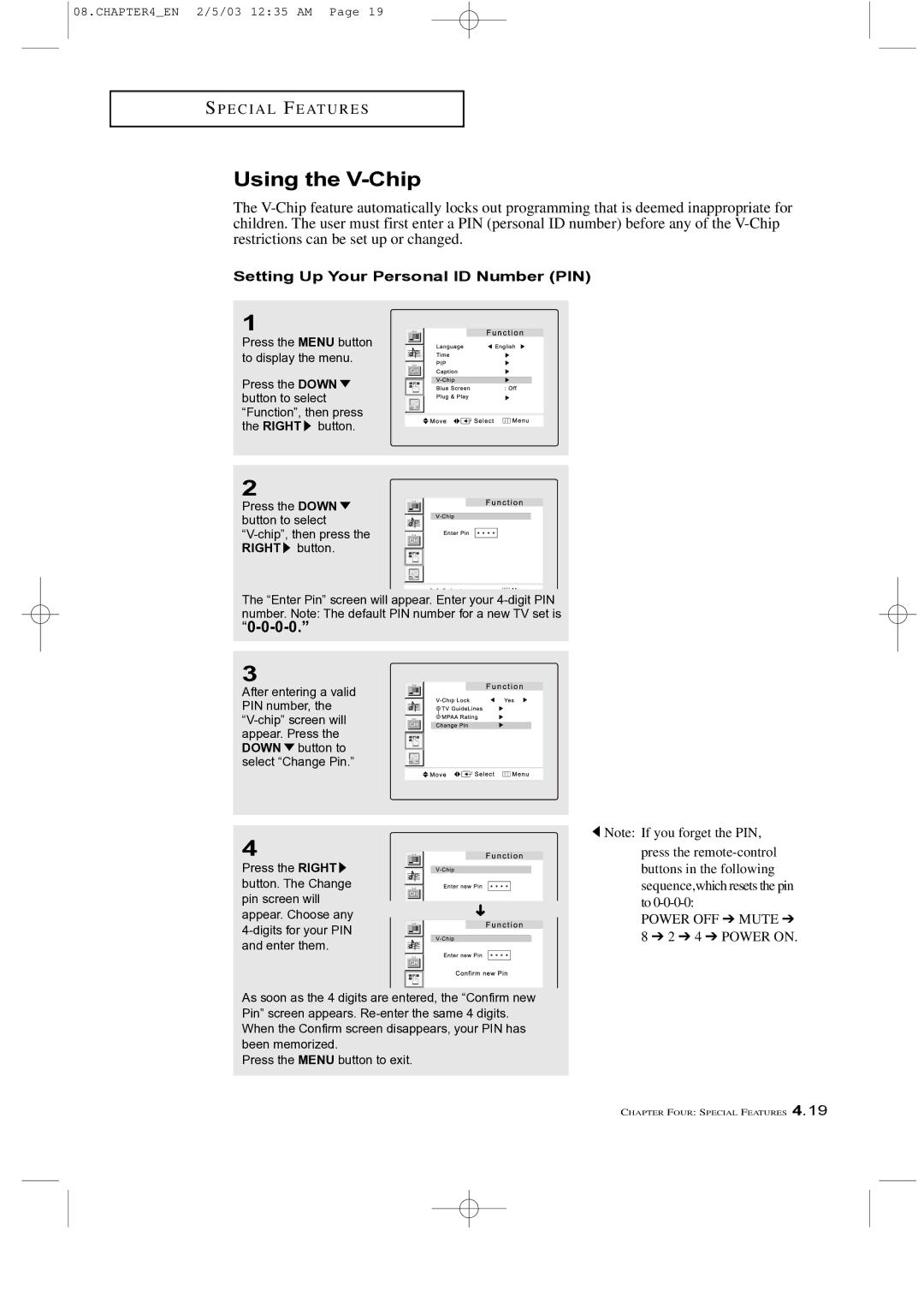 Samsung LTM 225W manual Using the V-Chip, Setting Up Your Personal ID Number PIN 