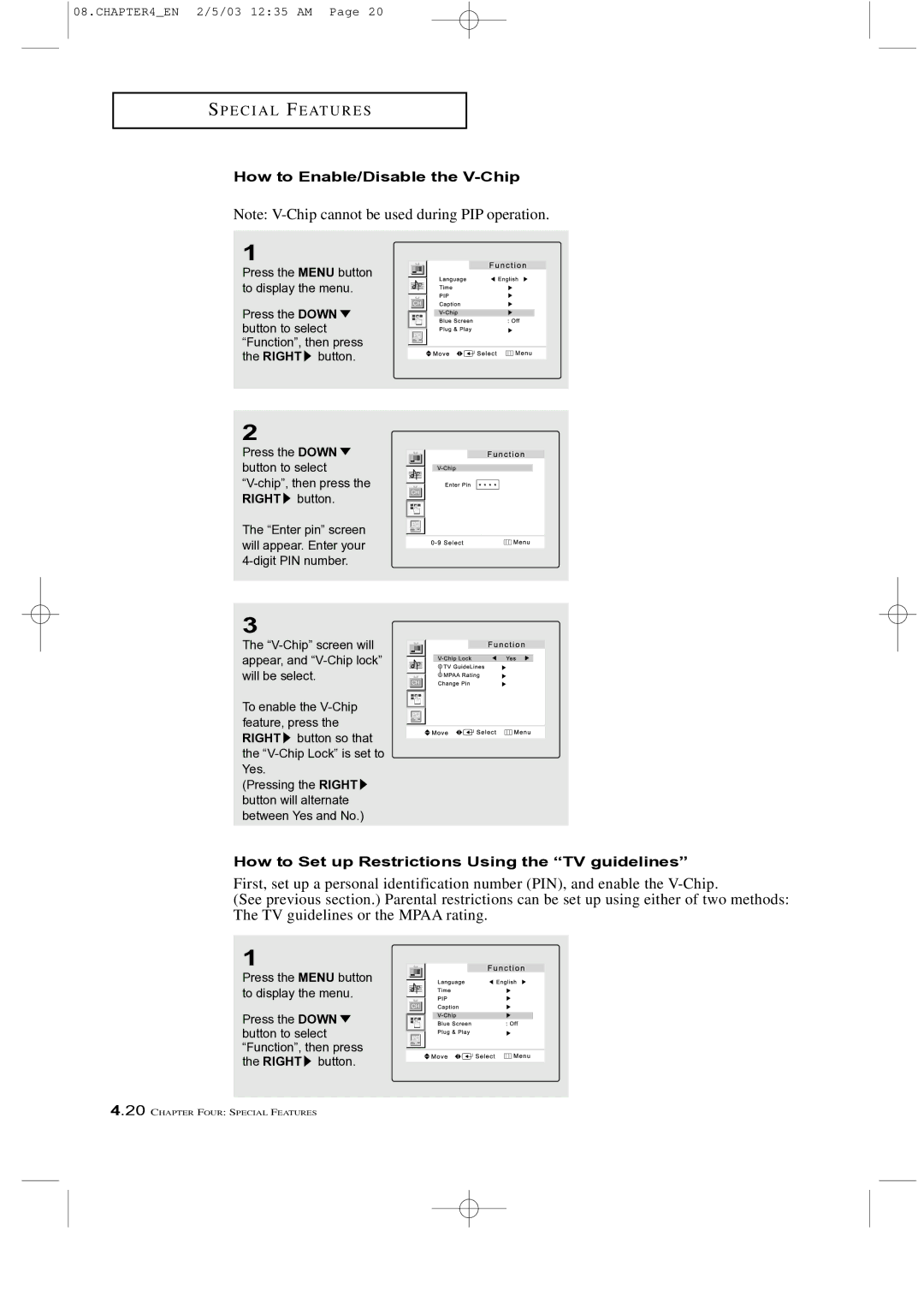 Samsung LTM 225W manual How to Enable/Disable the V-Chip, How to Set up Restrictions Using the TV guidelines 