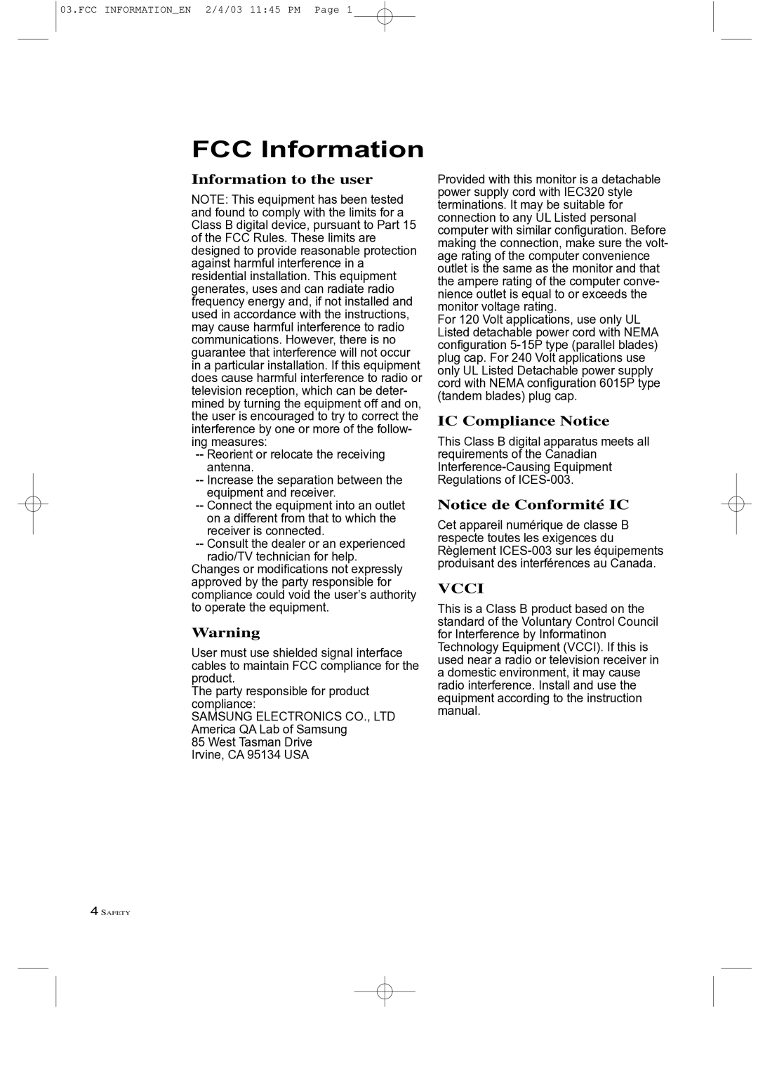 Samsung LTM 225W manual FCC Information 