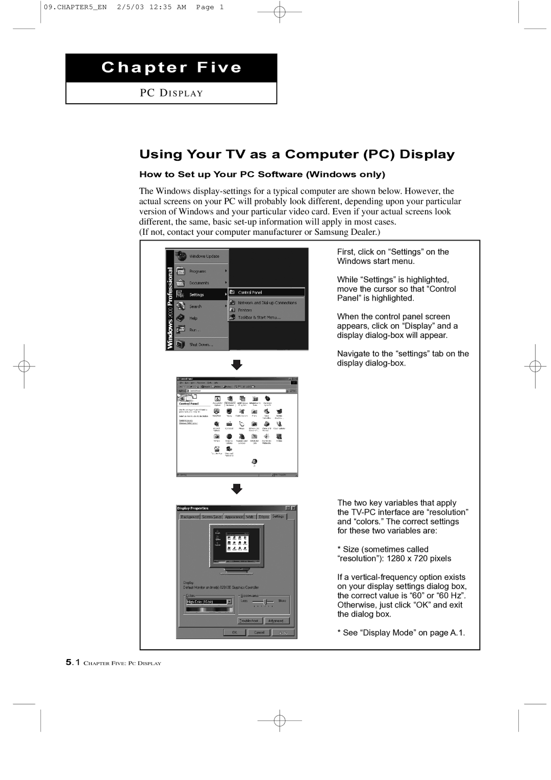 Samsung LTM 225W manual Using Your TV as a Computer PC Display, How to Set up Your PC Software Windows only 