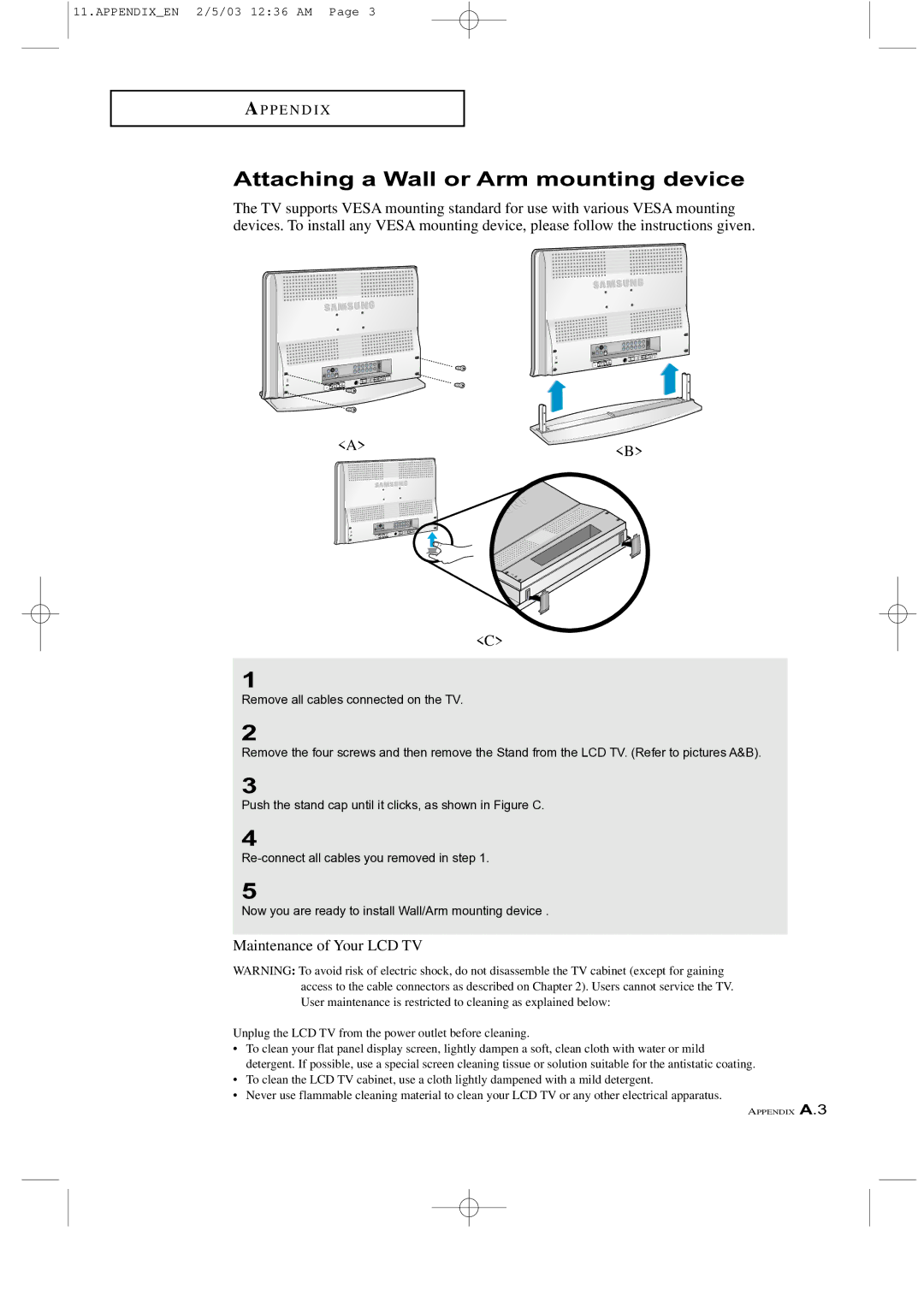 Samsung LTM 225W manual Attaching a Wall or Arm mounting device, Maintenance of Your LCD TV 