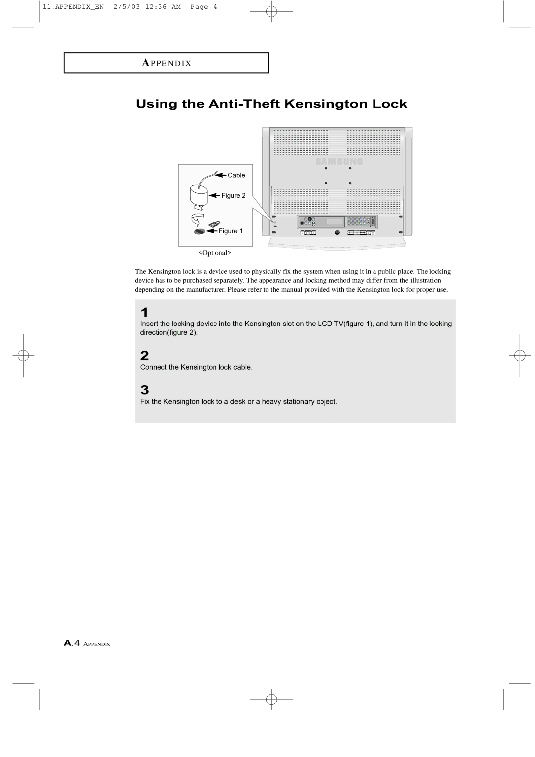 Samsung LTM 225W manual Using the Anti-Theft Kensington Lock, Optional 