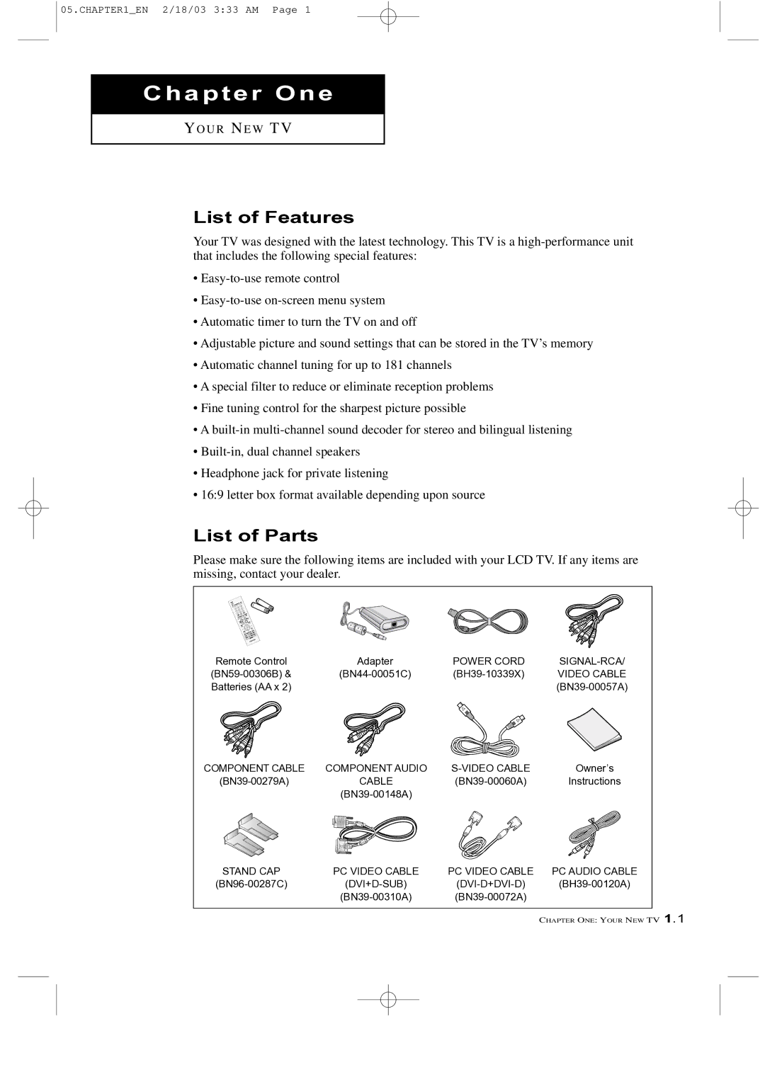 Samsung LTM 225W manual List of Features, List of Parts 