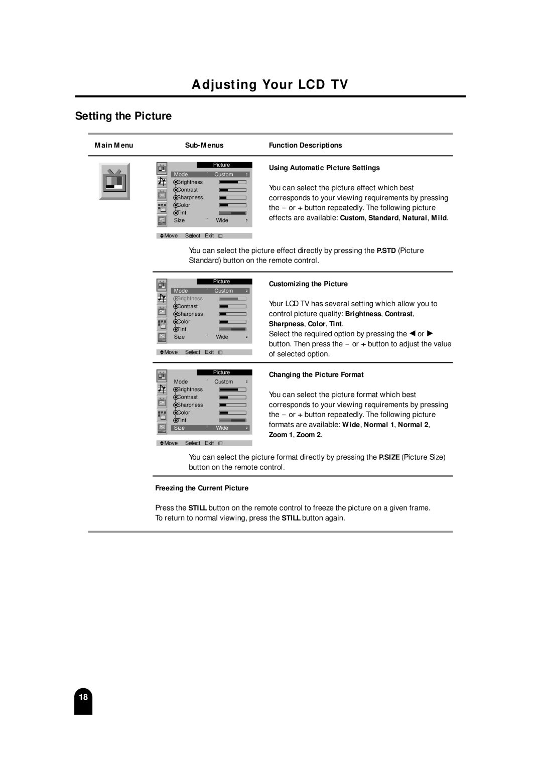 Samsung LTM 245W, LTM215 manual Adjusting Your LCD TV Setting the Picture 