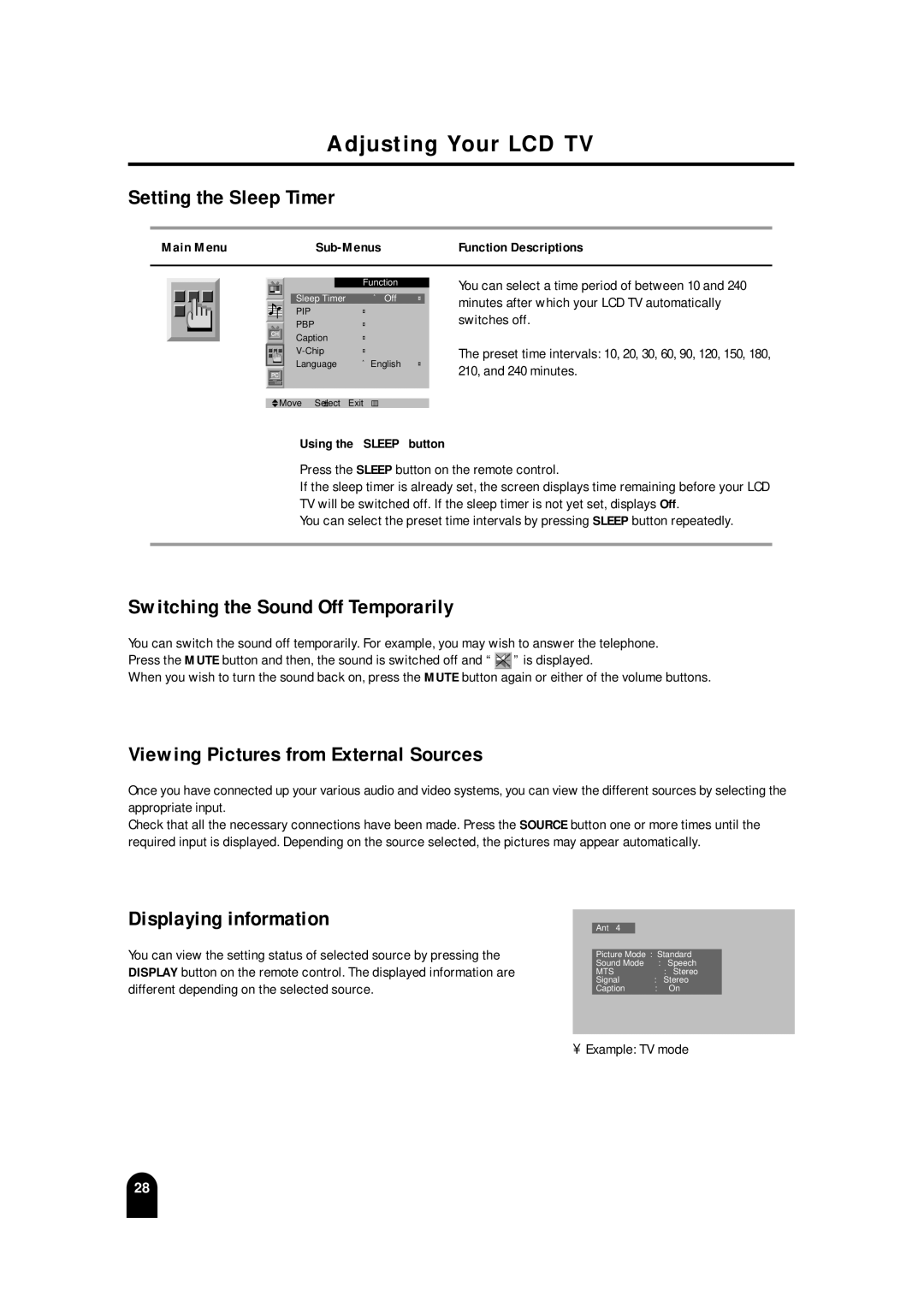 Samsung LTM 245W, LTM215 manual Adjusting Your LCD TV Setting the Sleep Timer, Switching the Sound Off Temporarily 