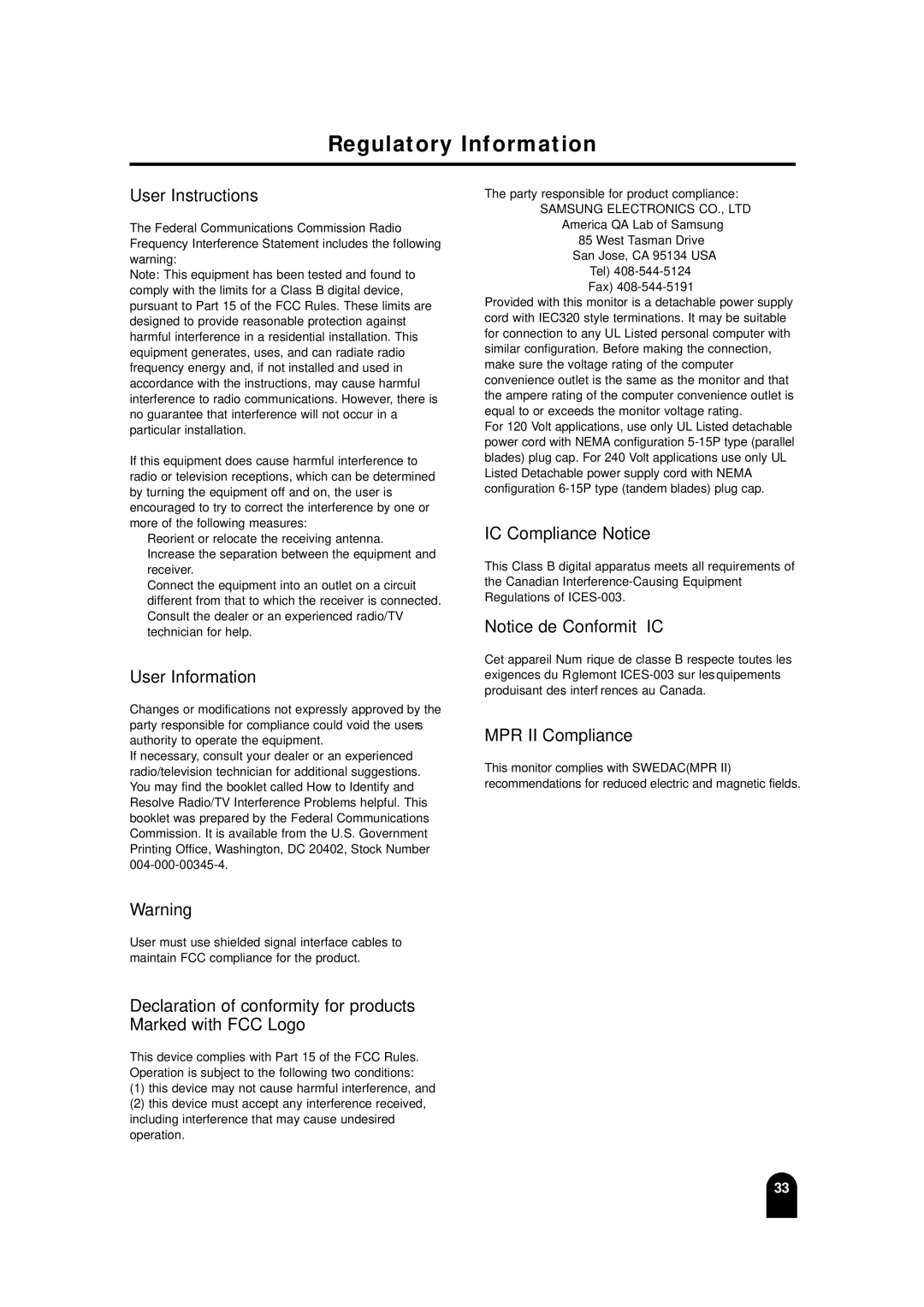 Samsung LTM215, LTM 245W manual Regulatory Information, User Instructions 