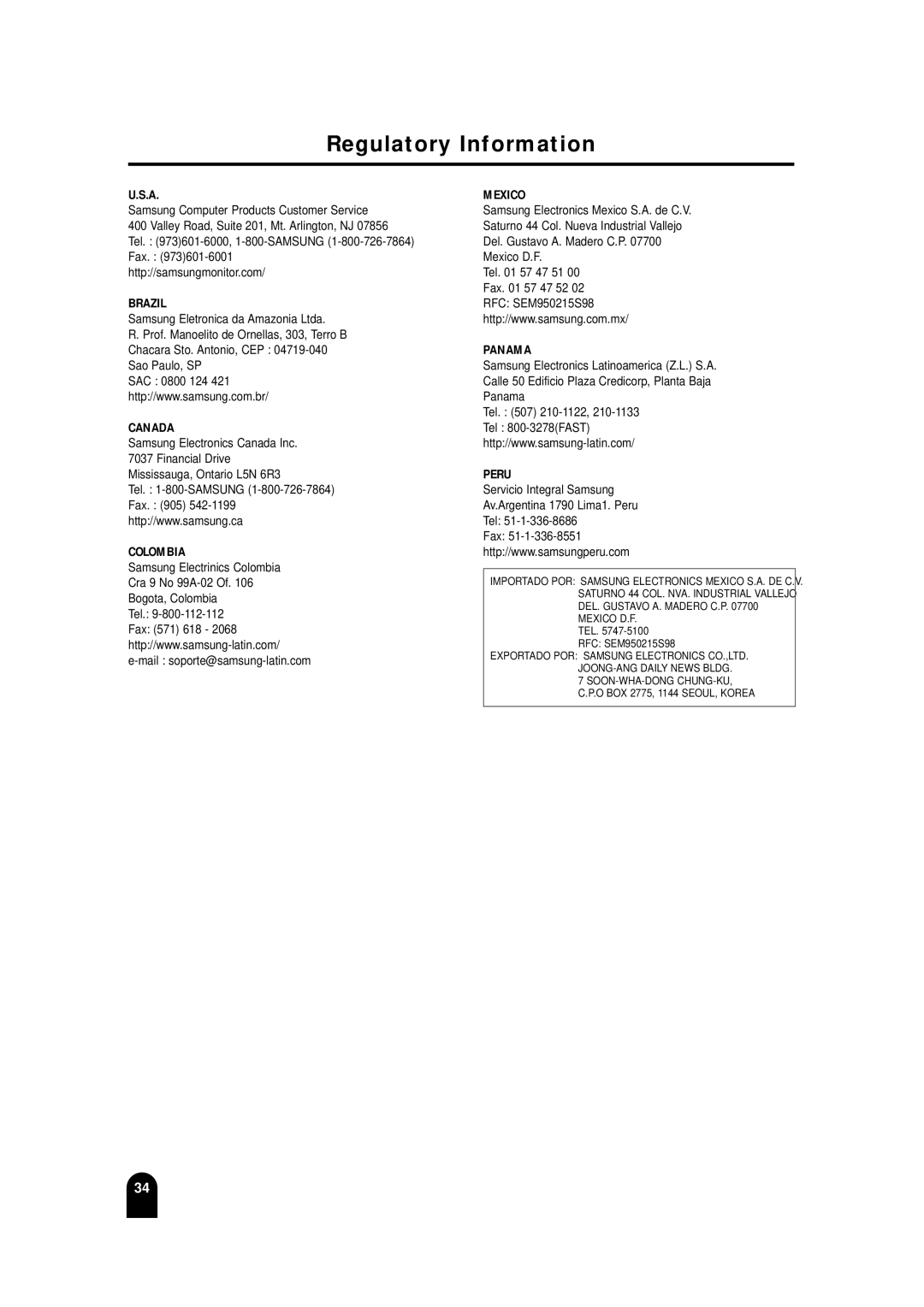 Samsung LTM 245W, LTM215 manual Colombia 