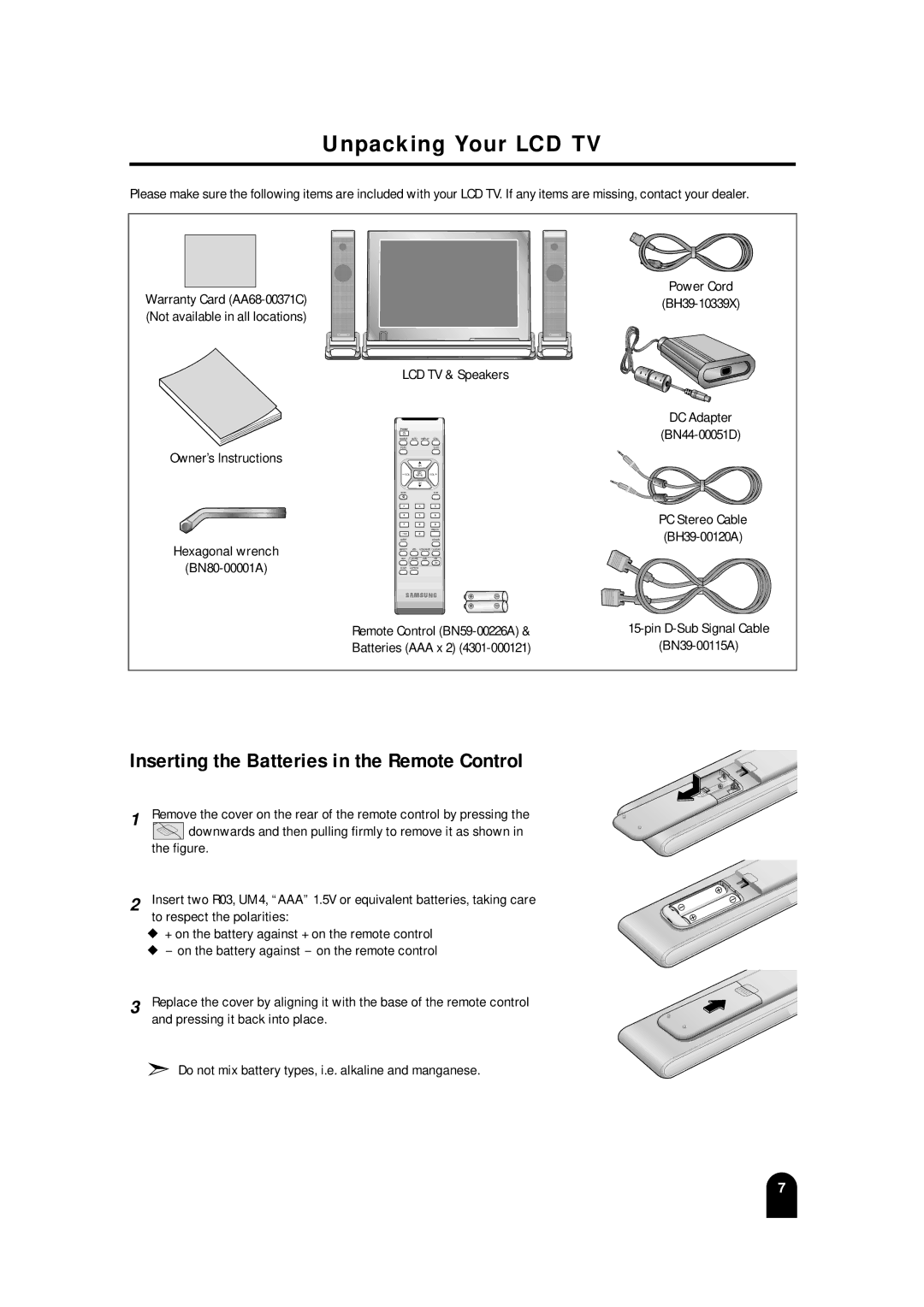 Samsung LTM215, LTM 245W manual Unpacking Your LCD TV, Inserting the Batteries in the Remote Control 