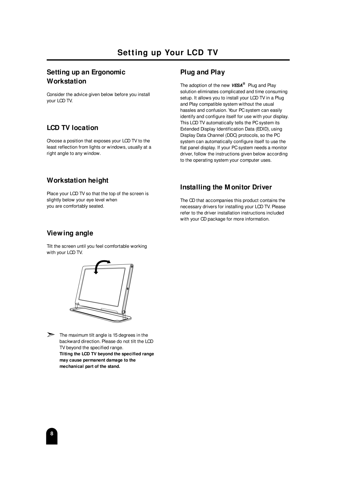 Samsung LTM 245W, LTM215 manual Setting up Your LCD TV, LCD TV location, Plug and Play, Workstation height, Viewing angle 