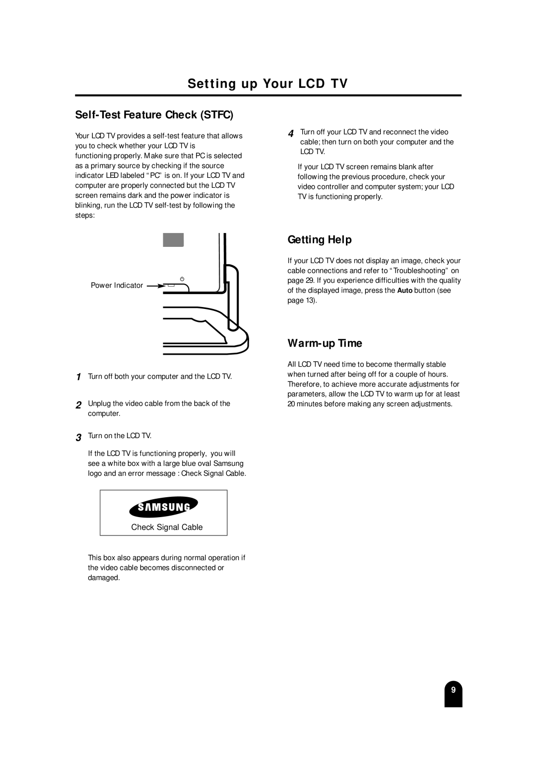 Samsung LTM215, LTM 245W manual Setting up Your LCD TV Self-Test Feature Check Stfc, Getting Help, Warm-up Time, Computer 