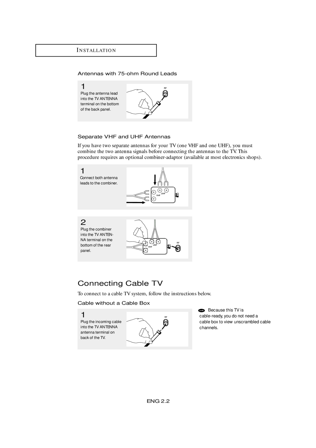 Samsung LTM405W, LTM 295W manual Connecting Cable TV, Antennas with 75-ohm Round Leads, Separate VHF and UHF Antennas 