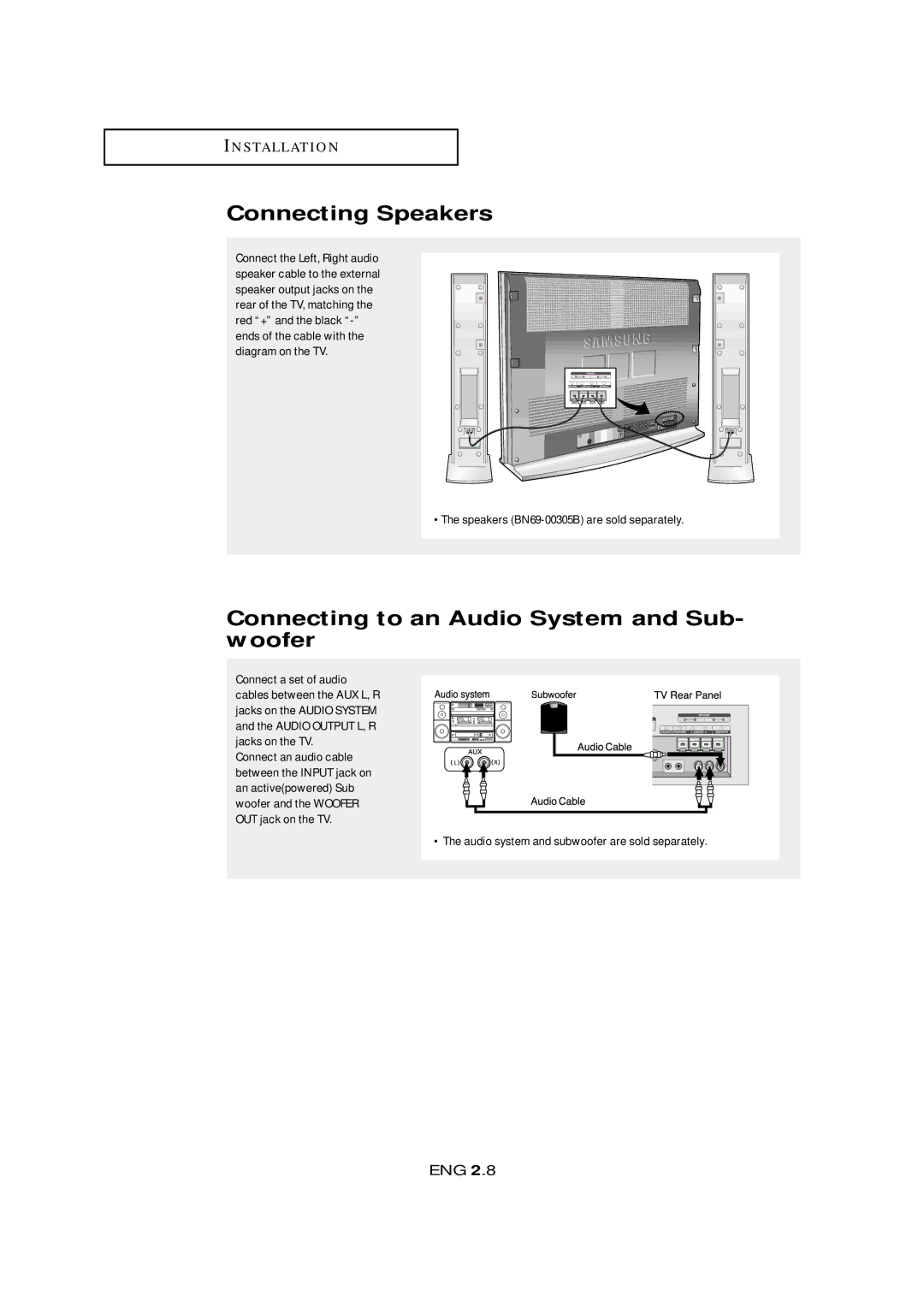 Samsung LTM405W, LTM 295W manual Connecting Speakers, Connecting to an Audio System and Sub- woofer 