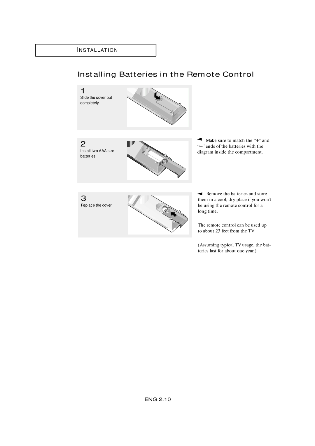 Samsung LTM405W, LTM 295W manual Installing Batteries in the Remote Control 