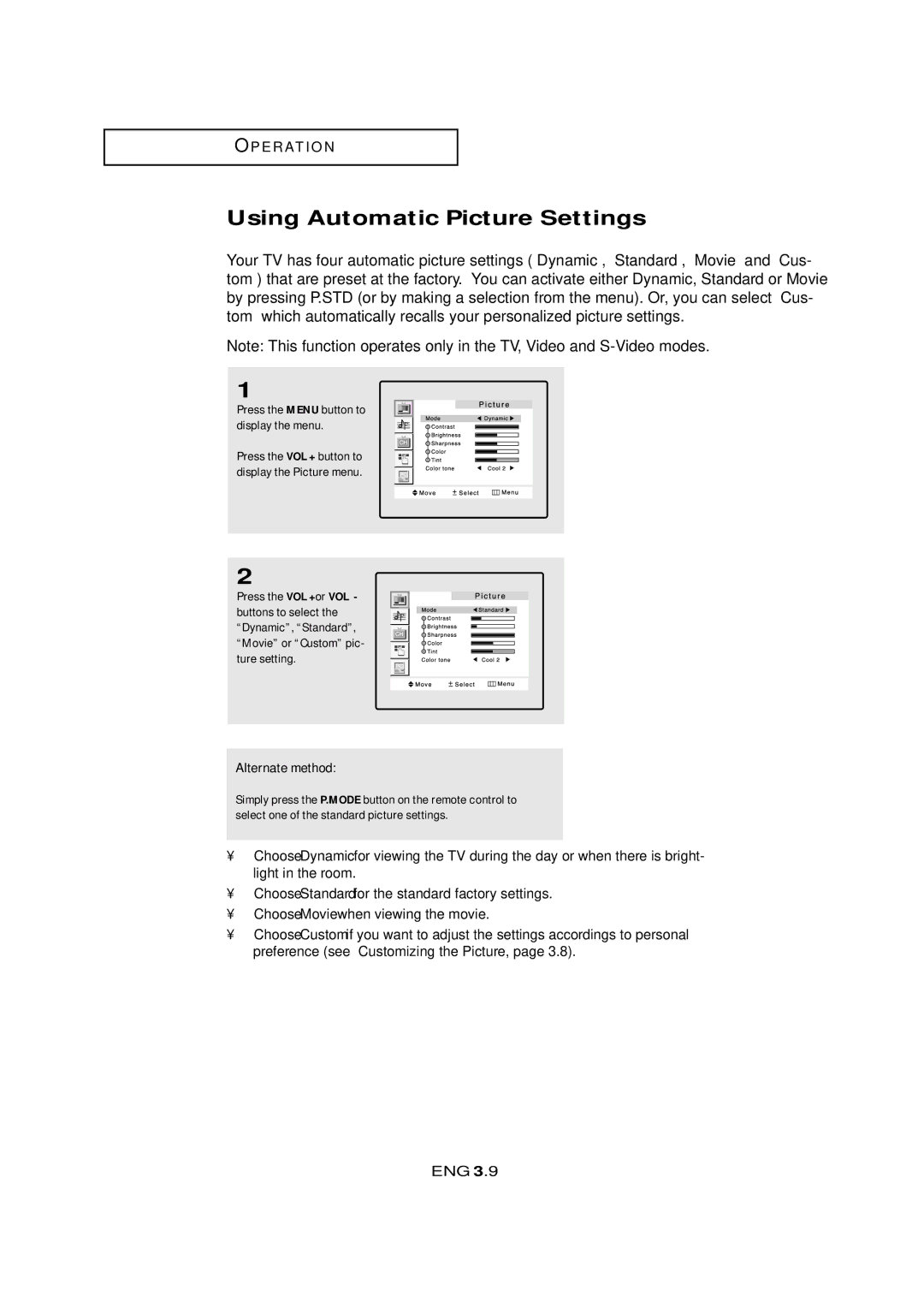 Samsung LTM 295W, LTM405W manual Using Automatic Picture Settings, Alternate method 