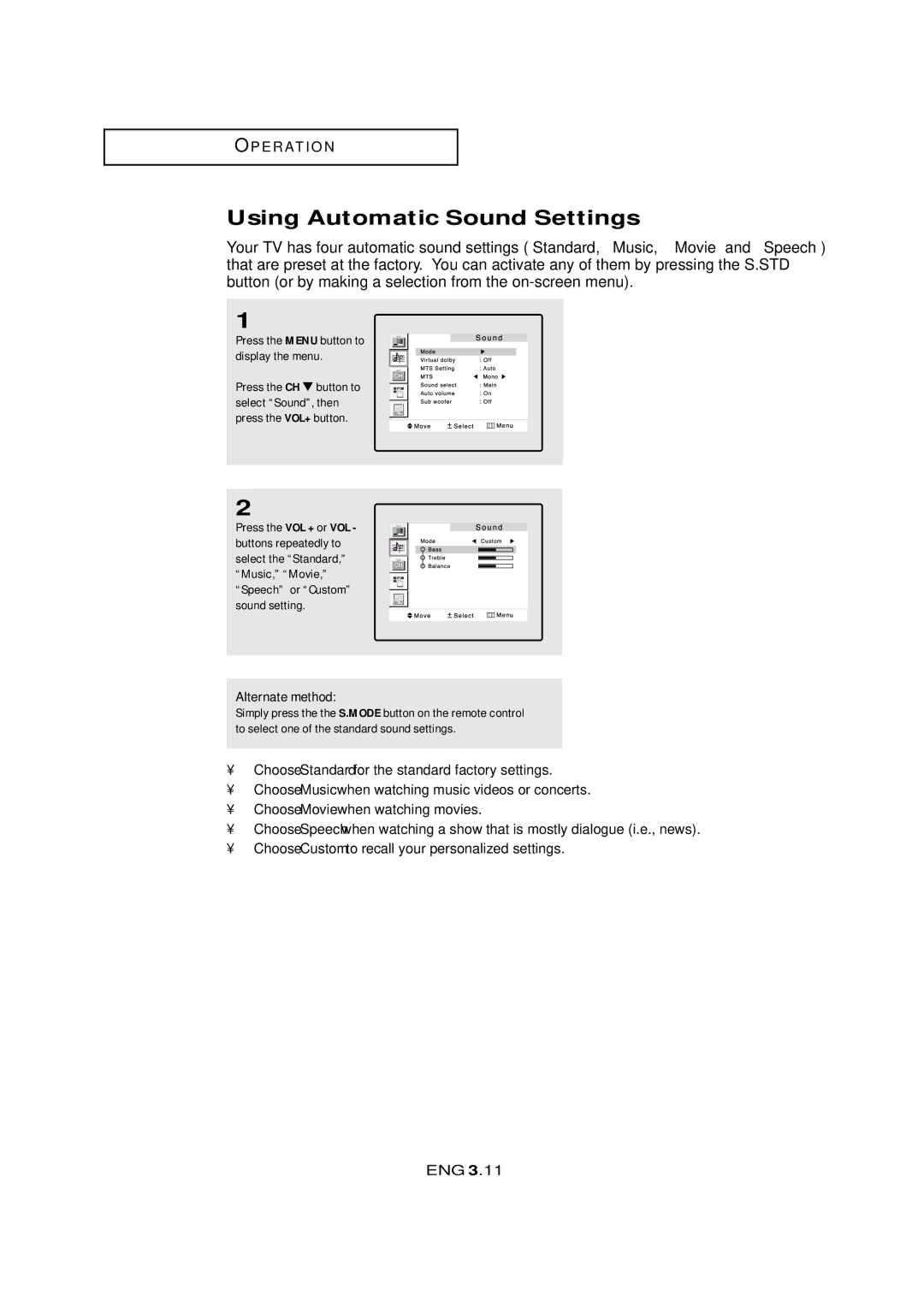 Samsung LTM 295W, LTM405W manual Using Automatic Sound Settings 