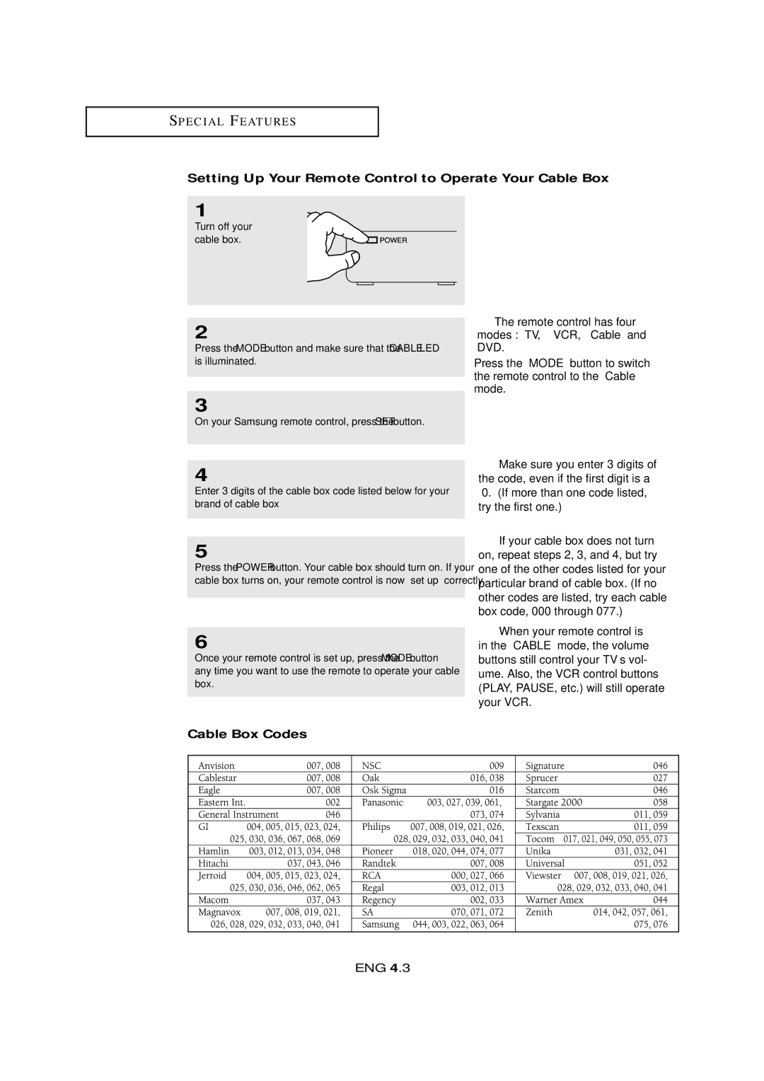 Samsung LTM 295W, LTM405W manual Setting Up Your Remote Control to Operate Your Cable Box, Cable Box Codes 