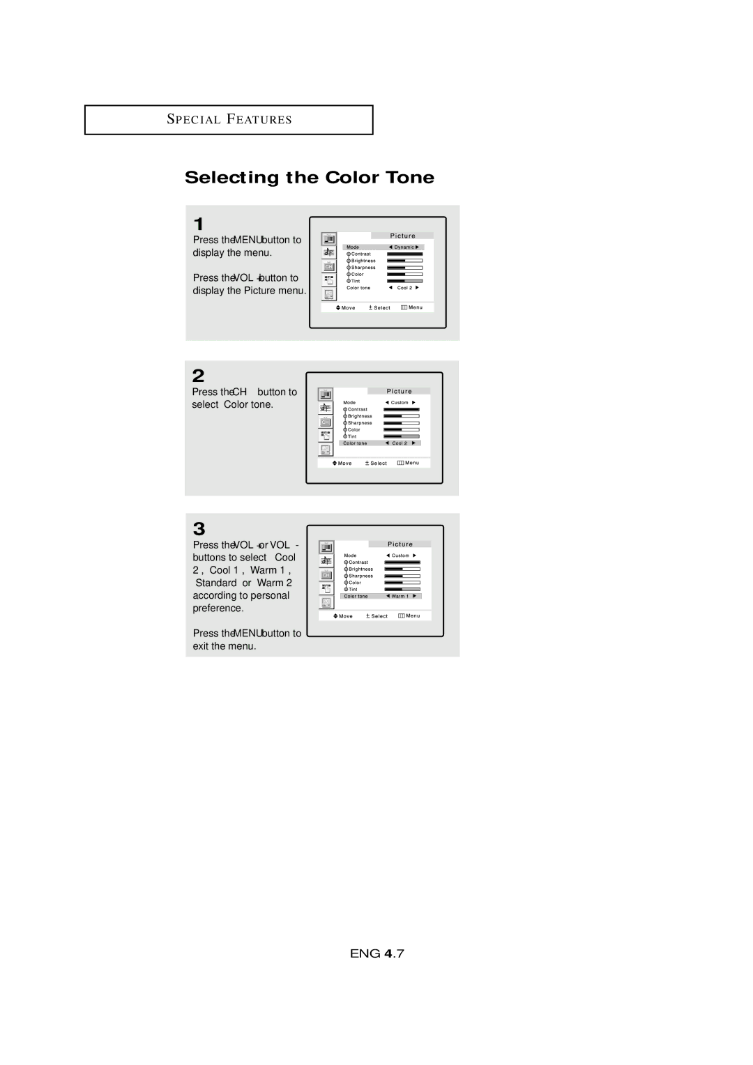 Samsung LTM 295W, LTM405W manual Selecting the Color Tone, Press the CH button to select Color tone 