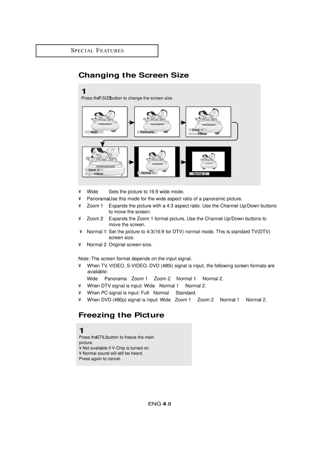 Samsung LTM405W, LTM 295W manual Changing the Screen Size, Freezing the Picture 